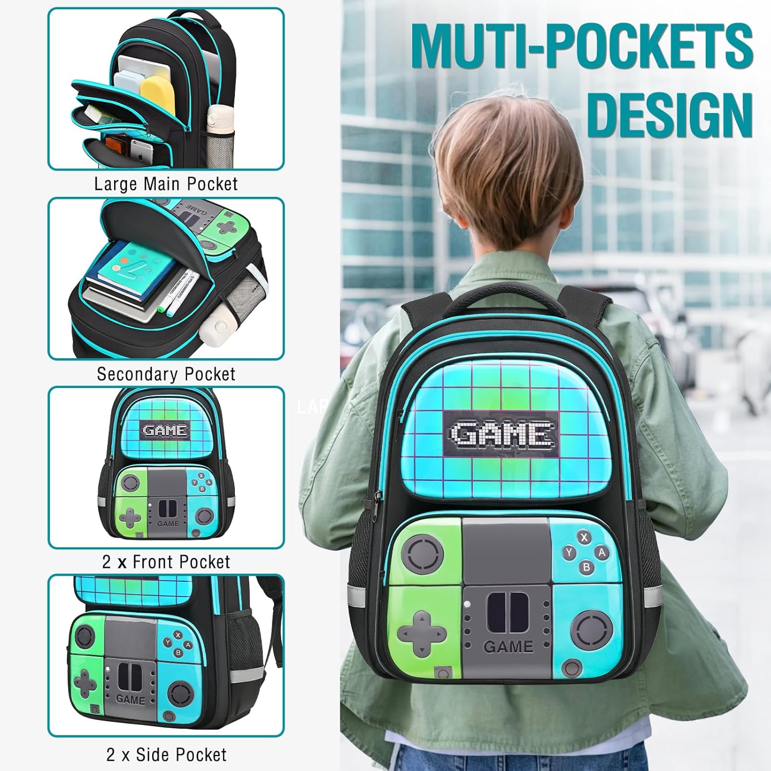 School Backpack For Boys,Gamer Kids Backpack For Elementary Middle School Student Age 6-14,17″