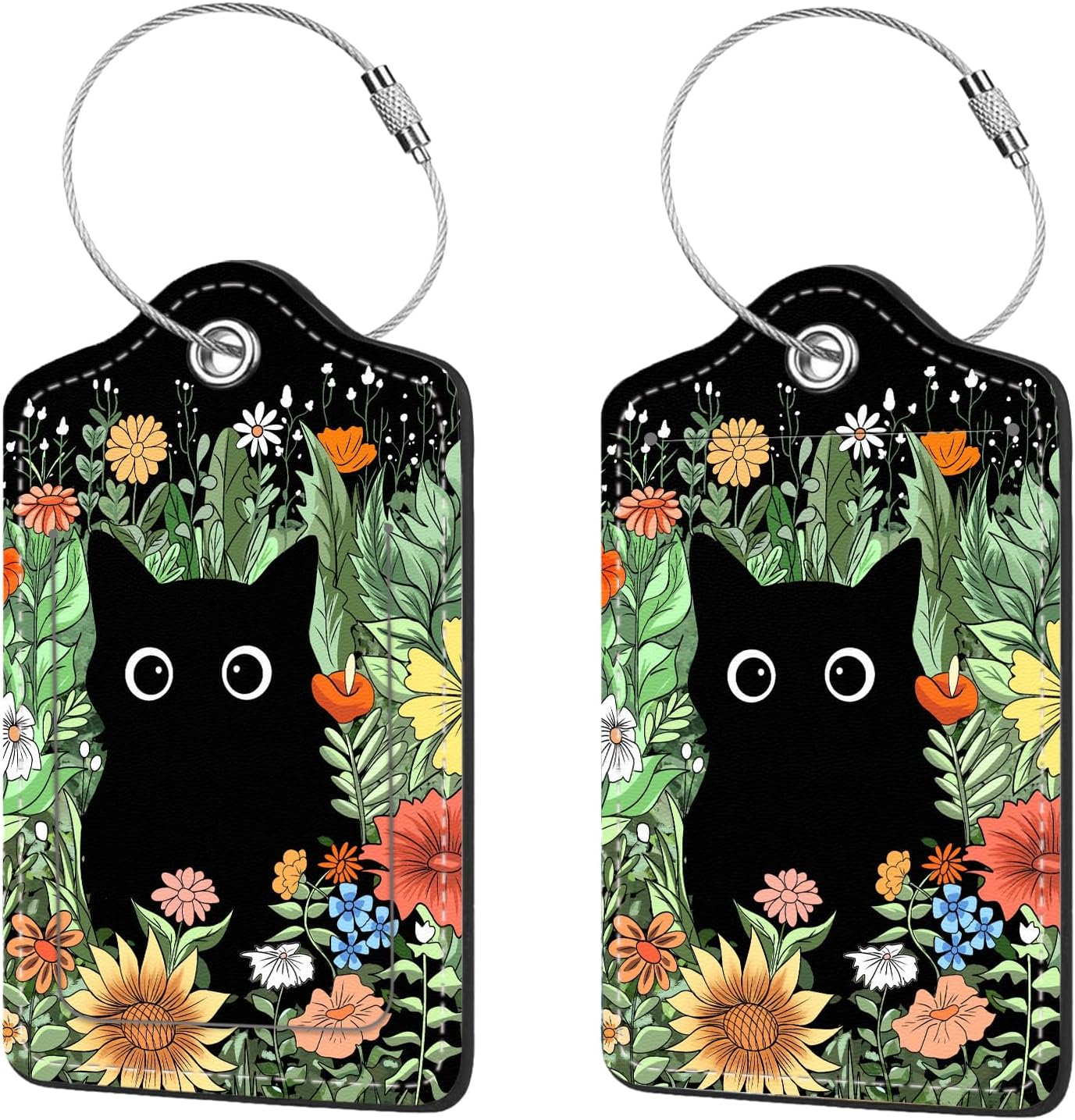2 Pcs Luggage Tags for Suitcase, Cute Unique PU Leather Travel Bag Tag with Privacy Cover ID Label Address Card and Durable Metal Ring Suitable for Men Women Children Backpack,Cat in The Bush