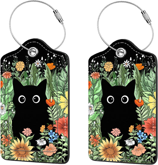 2 Pcs Luggage Tags for Suitcase, Cute Unique PU Leather Travel Bag Tag with Privacy Cover ID Label Address Card and Durable Metal Ring Suitable for Men Women Children Backpack,Cat in The Bush
