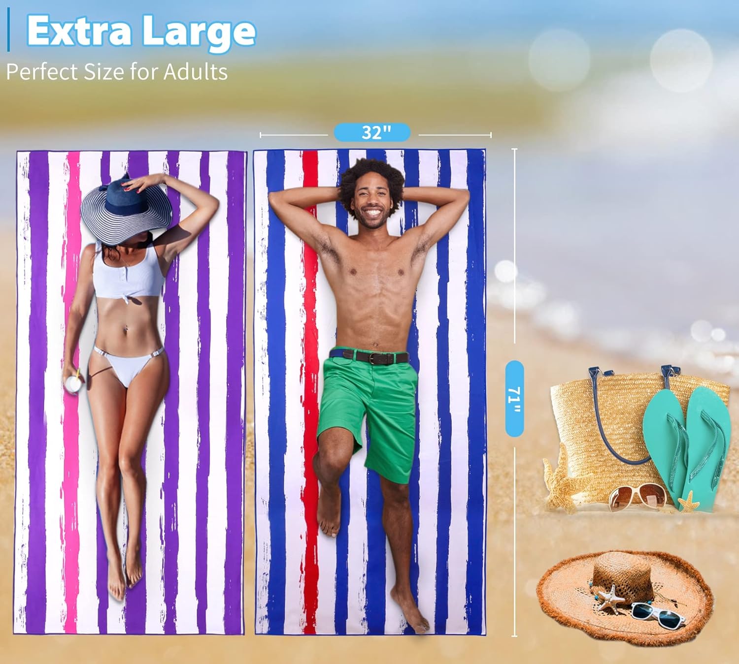 2 Pack Microfiber Oversized Lightweight Beach Towel 71"x32" XL Extra Large Thin Sand Free Towels