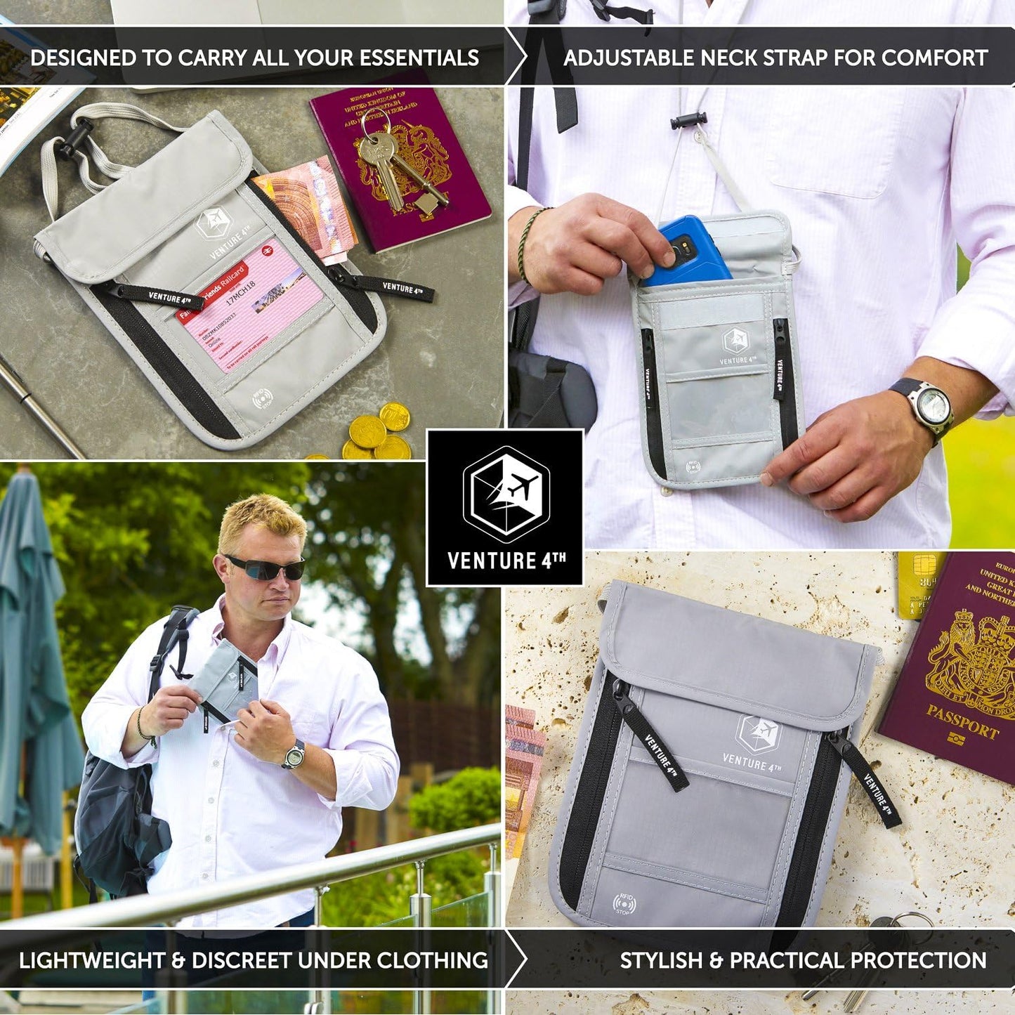 VENTURE 4TH Neck Wallet, RFID Blocking Passport Holder for Travel – Hidden Neck Pouch with 6 Compartments, Slim Lightweight Organizer with Adjustable Strap for Cash, Cards & Passport (Silver)