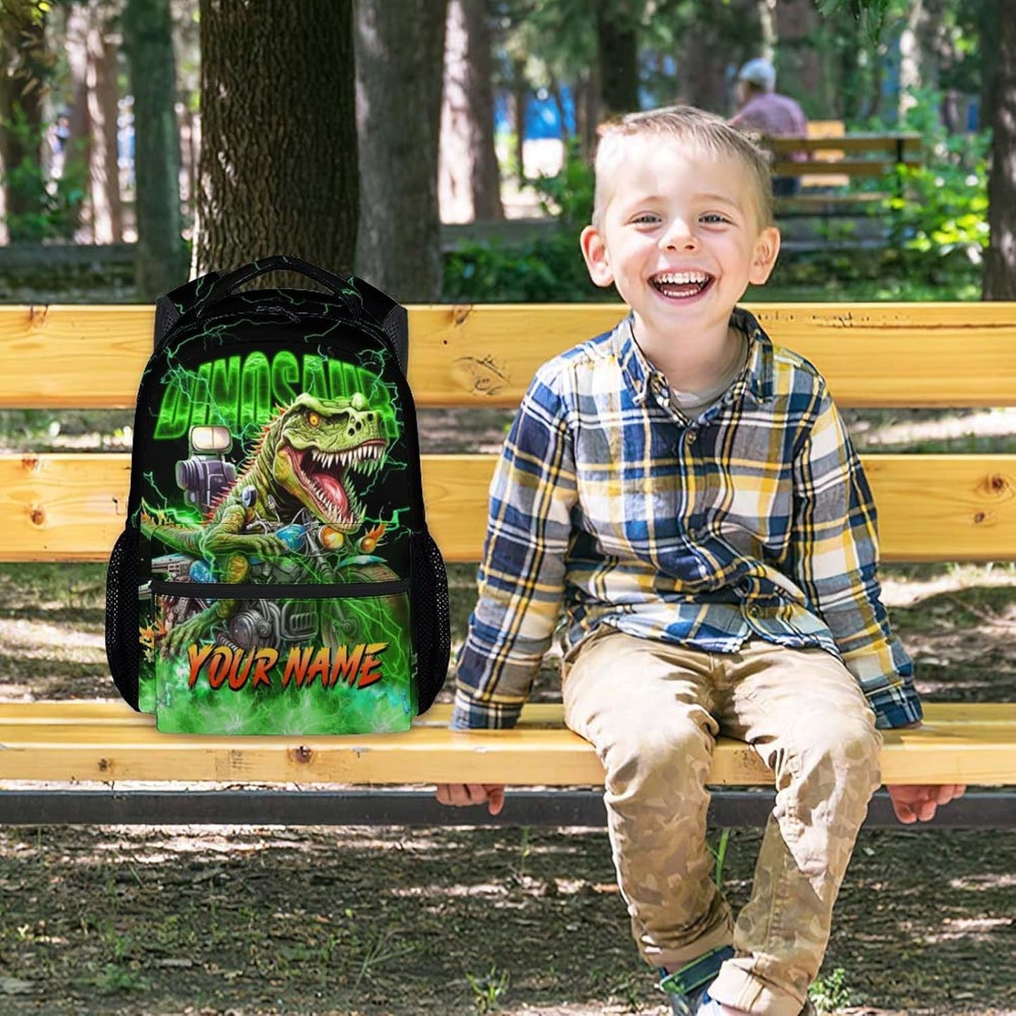 Personalized Boys Backpack, Dinosaur Backpacks for Kids, 17 Inch Custom Toddler School Bag with Name, Motorcycle Bookbags for Elementary