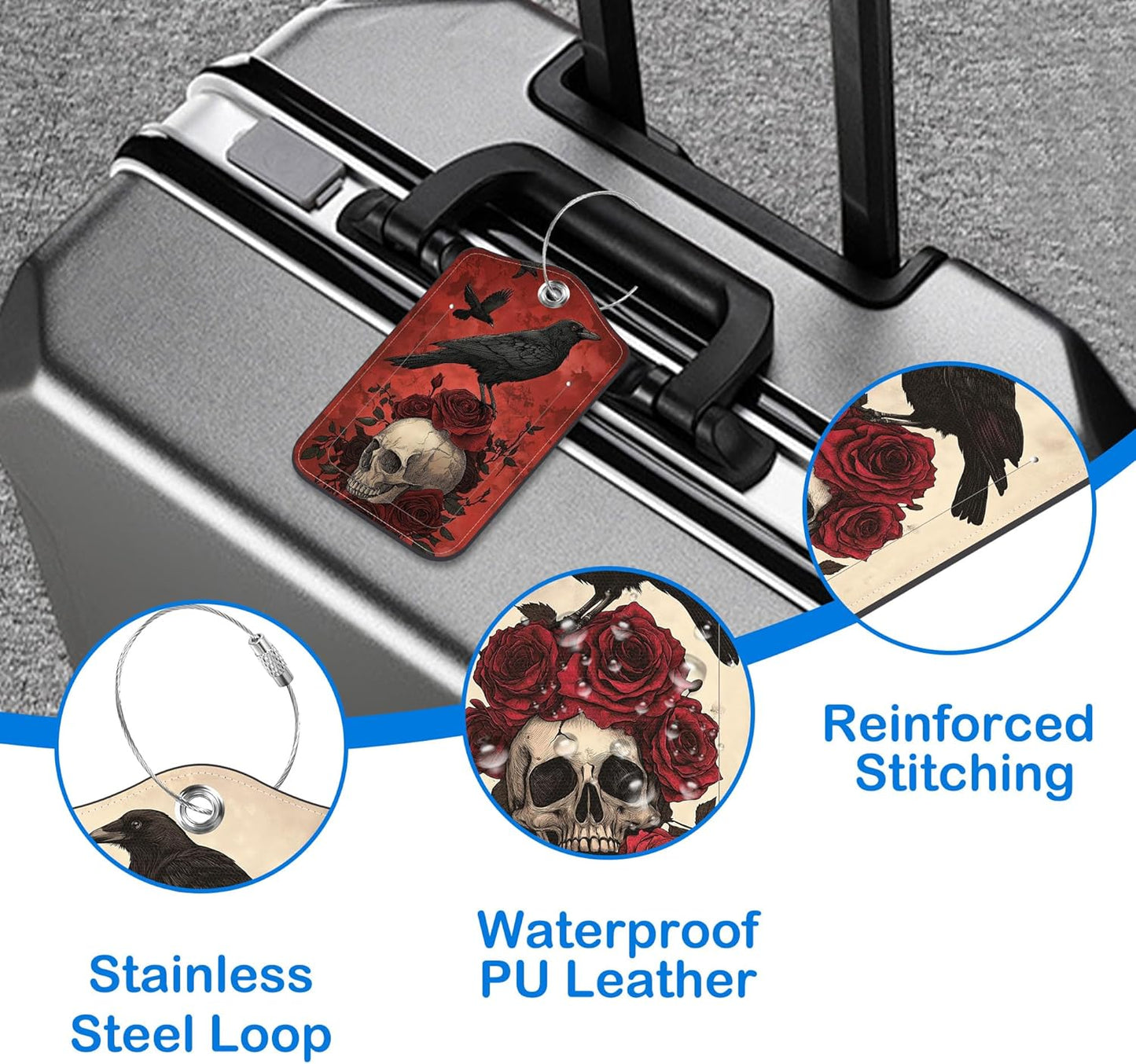 2 Pack Raven on Rose Skull Luggage Tags PU Leather Suitcase Tags with Stainless Steel Loop Privacy Cover ID Label for Women Men Travel Bag Accessories