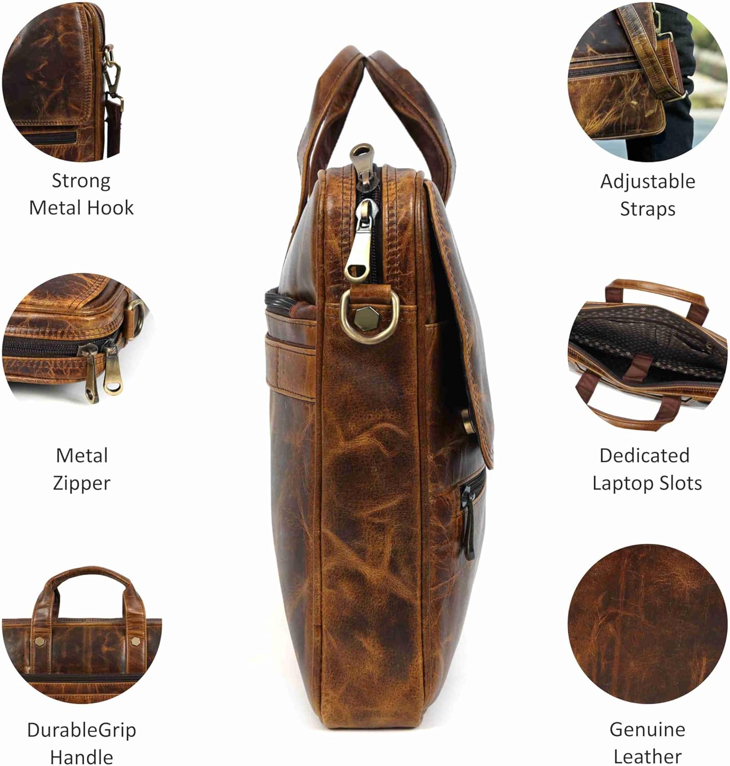 Mens Laptop Bag 16 Inch Waterproof Vintage Leather Shoulder Office Crossbody Bag With Ajustable