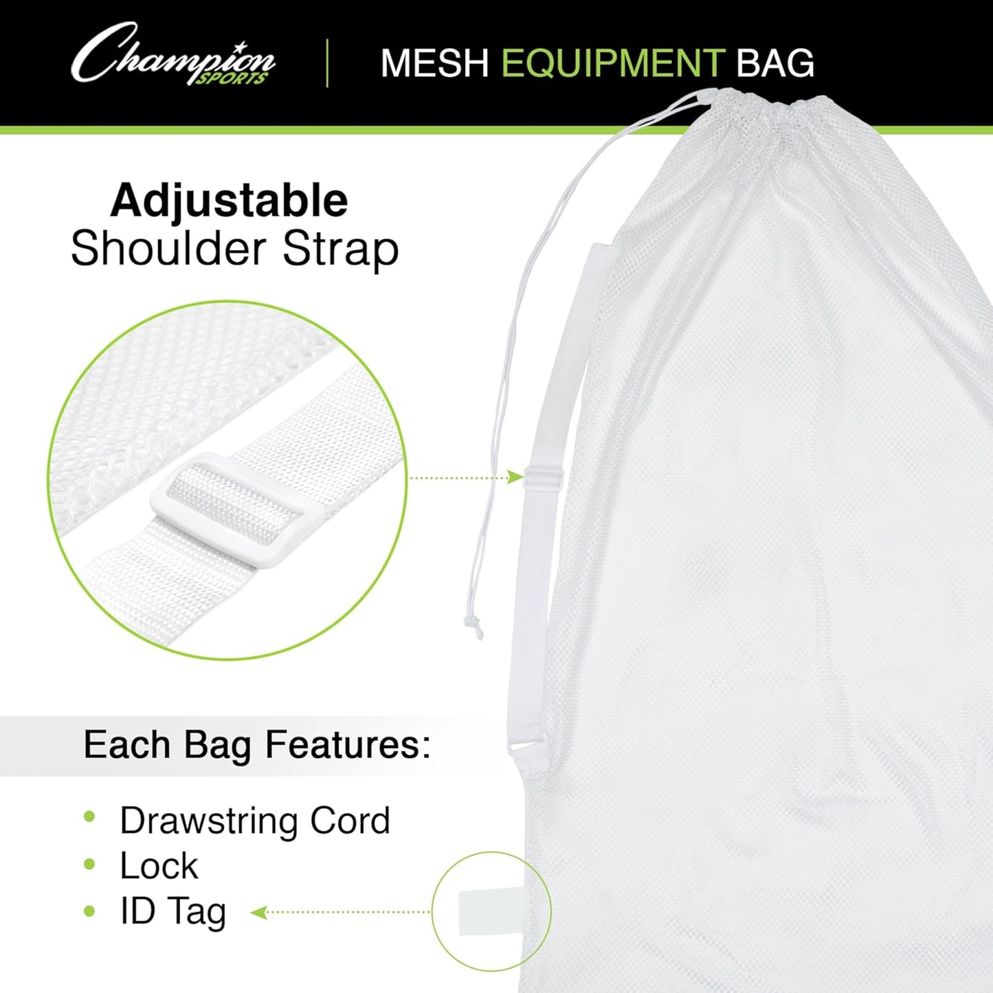 Champion Sports Mesh Equipment Bag – Heavy-Duty Nylon Drawstring Bag with Lock & ID Tag, Breathable