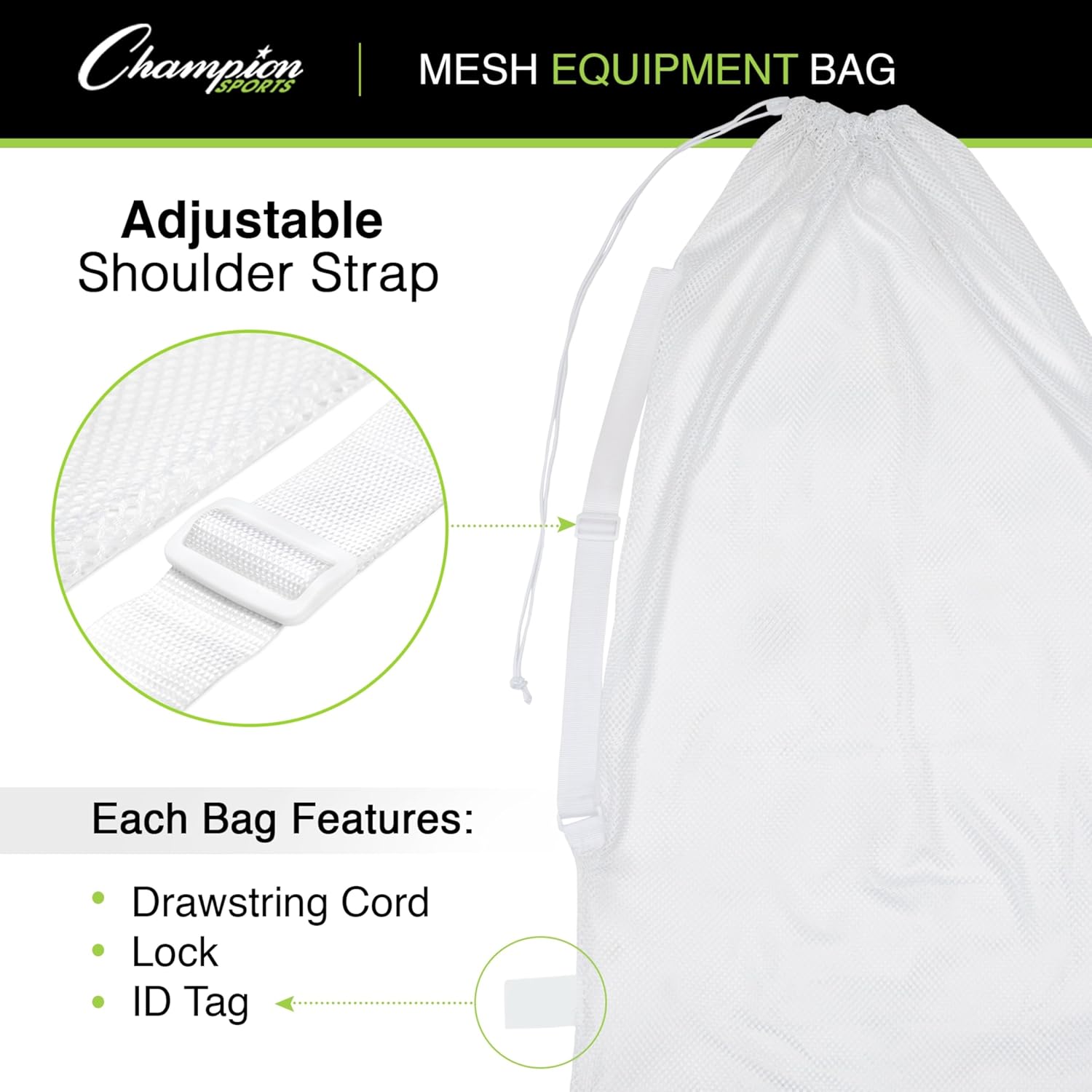 Champion Sports Mesh Equipment Bag – Heavy-Duty Nylon Drawstring Bag with Lock & ID Tag, Breathable