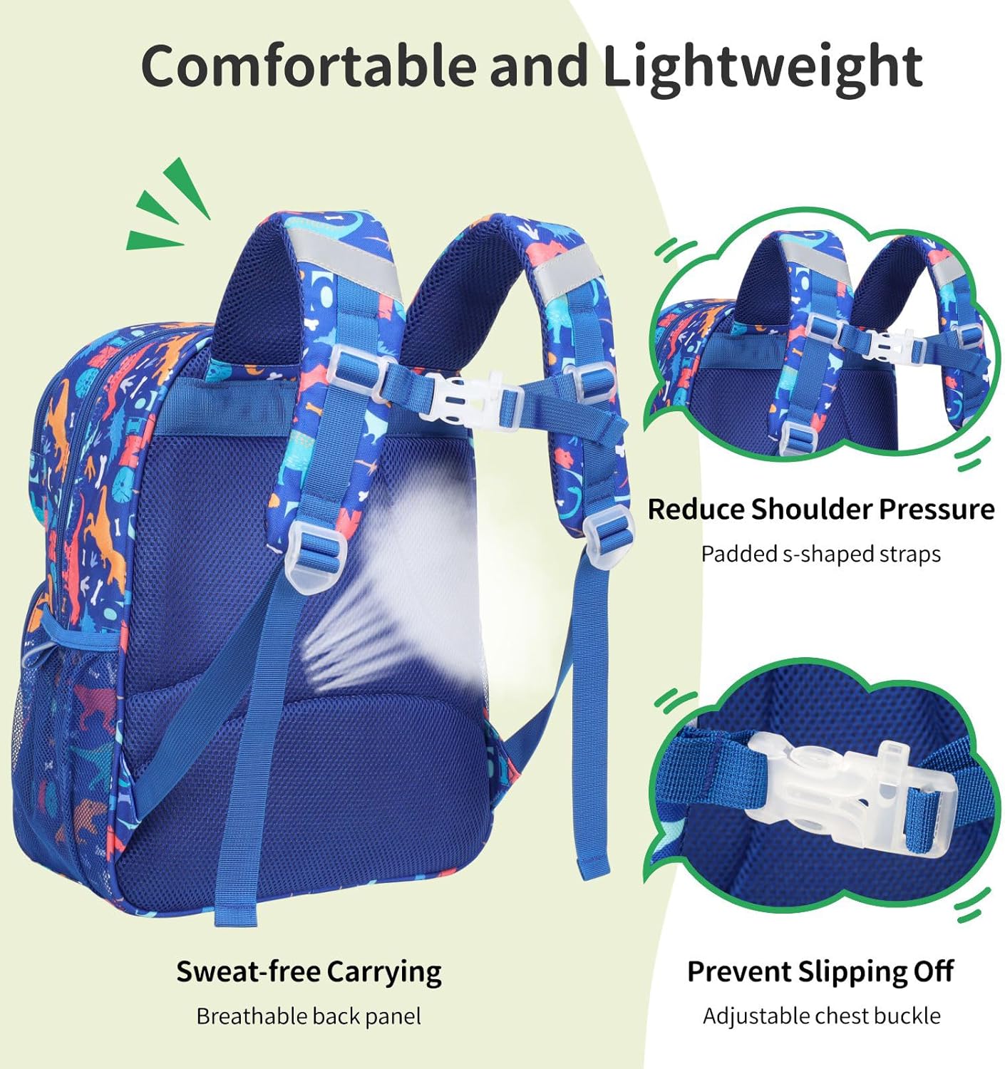 Kids Backpack with Pencil Case - 15 Inch Backpack for Boys 3 to 8, Lightweight Bookbag for Preschool Kindergarten Elementary School, Insulated Pocket, Safe Reflective Stripe, Blue Dinosaur