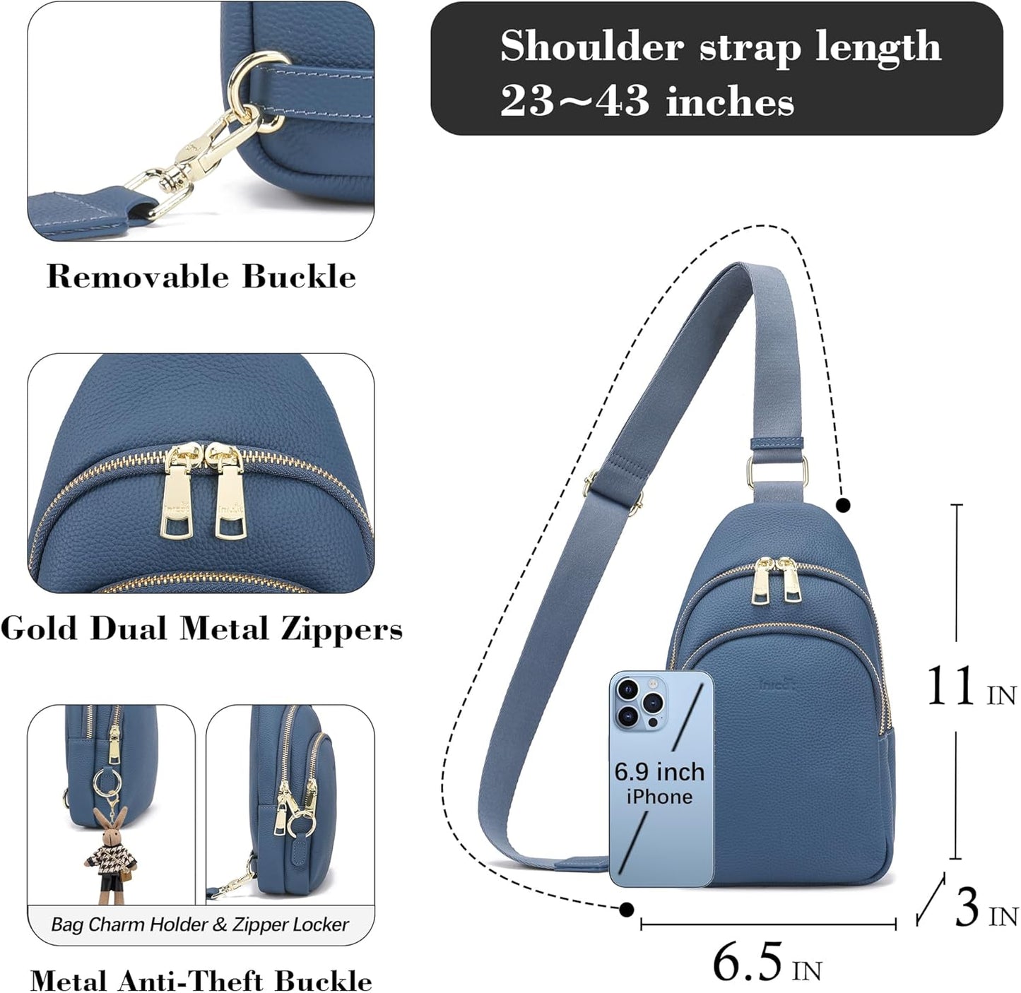 INICAT Crossbody Sling Bags Travel Cross Body Purses Faux Leather Fanny Packs Chest Bag for Women