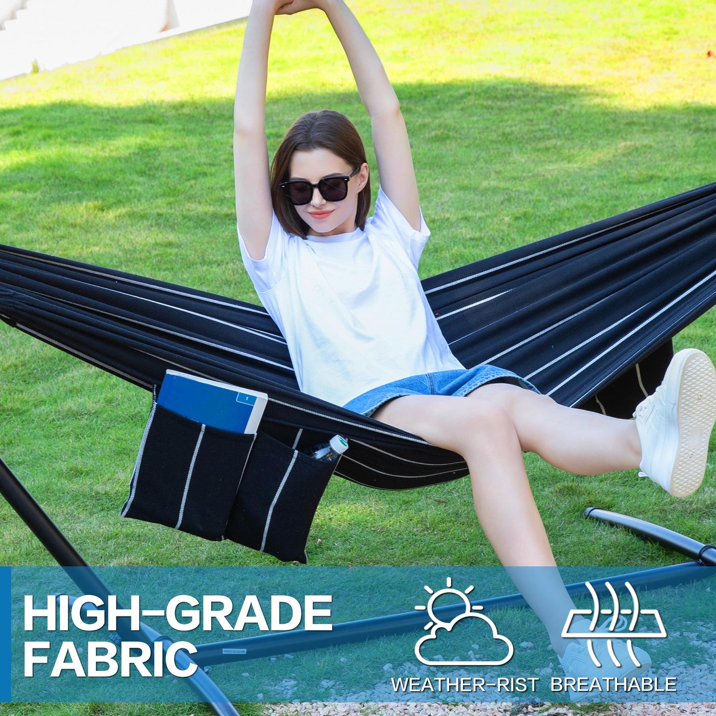 PNAEUT Double Hammocks with Stand for Outside, Portable Space Saving Heavy-Duty Steel Stand for