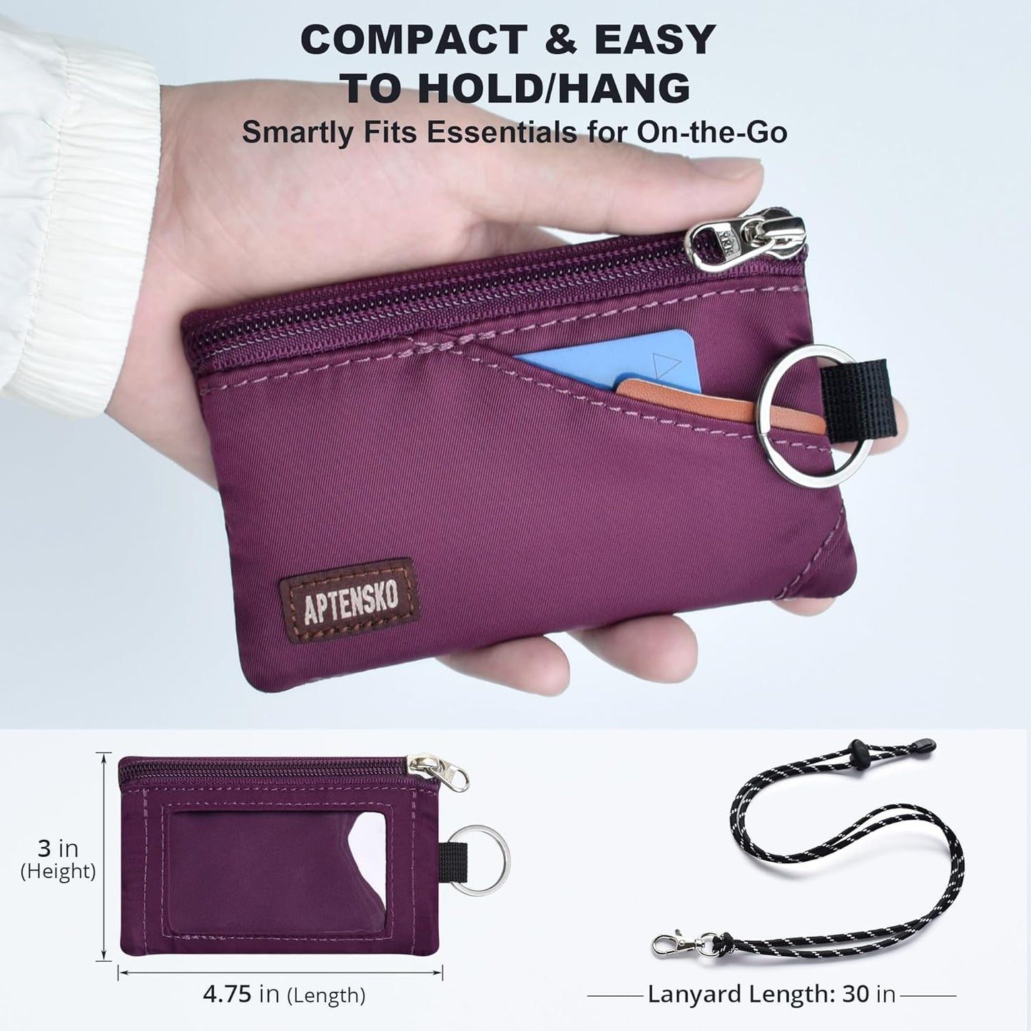 RFID Travel Wallet with Adjustable Lanyard-Zipper Small Wallet with ID Card Holder, Keychain for women&men-Minimalist Slim Waterproof Nylon case for ID, Cash, Key (Plum Wine)