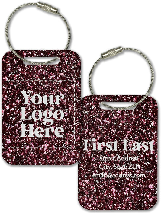 Personalized Logo Name Tag for Luggage (3 or 6 Count Pack) | Custom Tag for Suitcase | Acrylic Name Tag for Travel | Choose Your Font & Color | Backpack ID Label (Logo, Magenta Glitter)