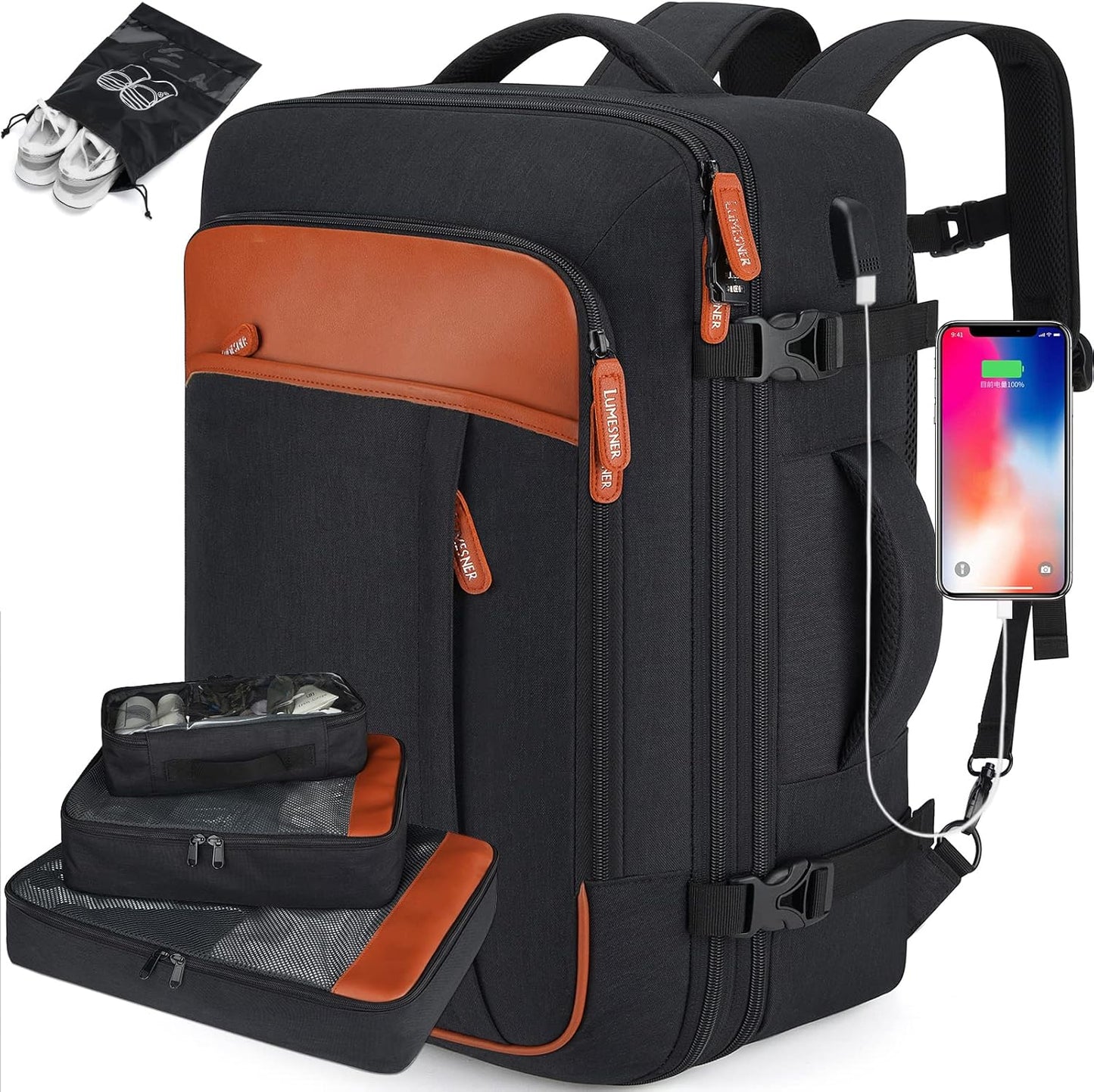 Lumesner Carry on Travel Backpacks, Extra Large 40L Flight Approved for Men & Women,Expandable Suitcase backpack (Black (Backpack With 4 Packing Cubes))