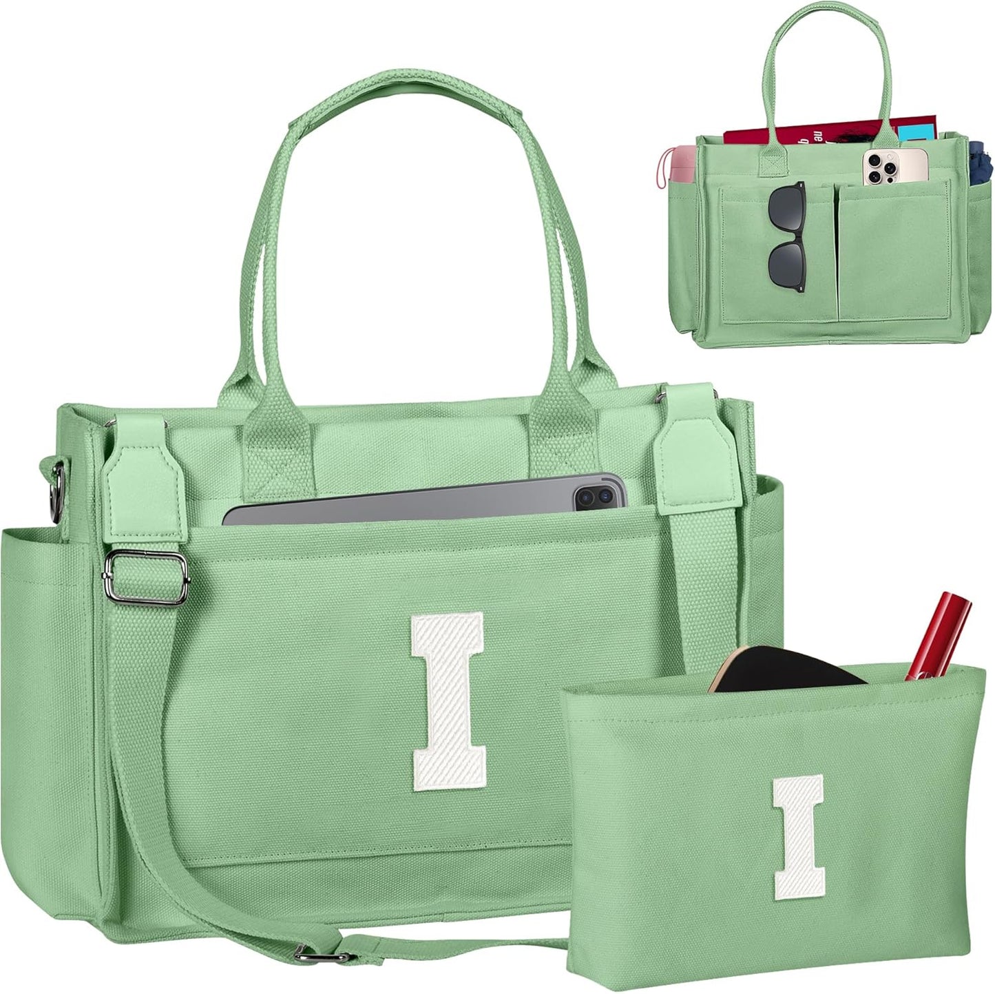 Gifts for Women Teen Girls, Initial Tote Bag with Zipper, Letter Canvas Tote Purse for College Work Laptop Beach