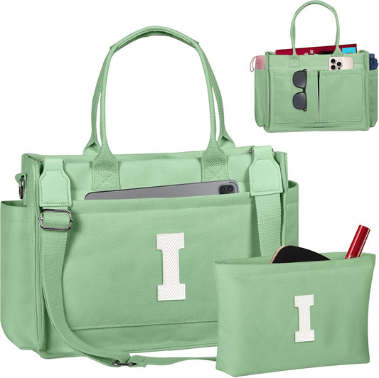Gifts for Women Teen Girls, Initial Tote Bag with Zipper, Letter Canvas Tote Purse for College Work Laptop Beach