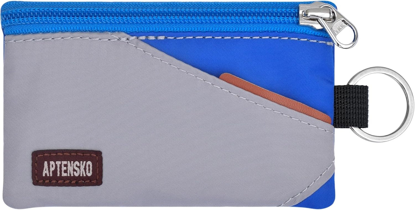 RFID Travel Wallet with Adjustable Lanyard-Zipper Small Wallet with ID Card Holder, Keychain for women&men-Minimalist Slim Waterproof Nylon case for ID, Cash, Key (Grey+Blue)