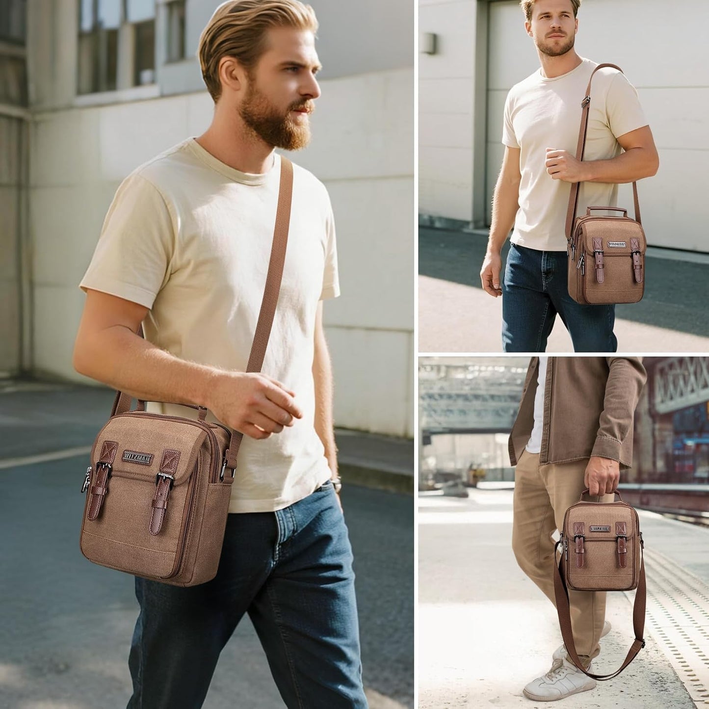 WITZMAN Canvas Small Messenger Bag for Men Crossbody Bag Multi-pocket Casual Shoulder Bag Travel Chest Bag