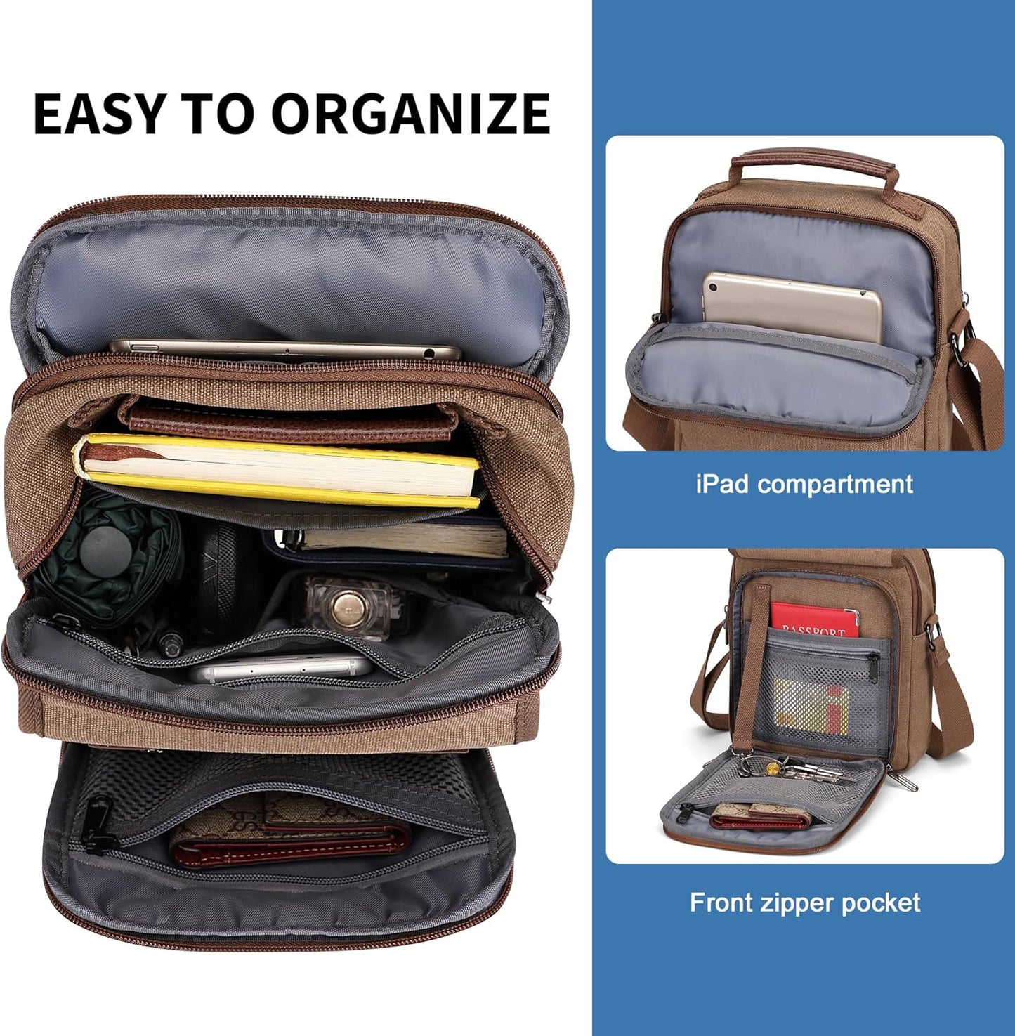 WITZMAN Canvas Small Messenger Bag for Men Crossbody Bag Multi-pocket Casual Shoulder Bag Travel Chest Bag