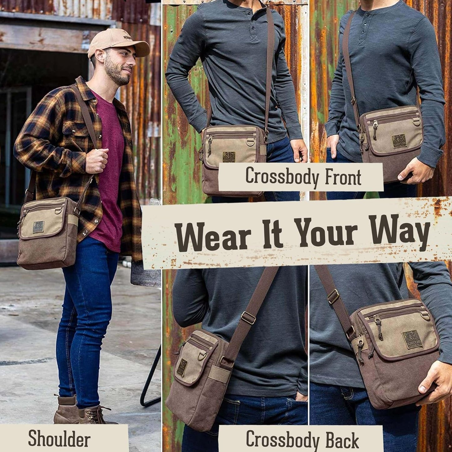 SCRUFFY DOG Crossbody Messenger Bag for Men and Women - Canvas Shoulder Bags with Adjustable Strap - Small - 11 inch