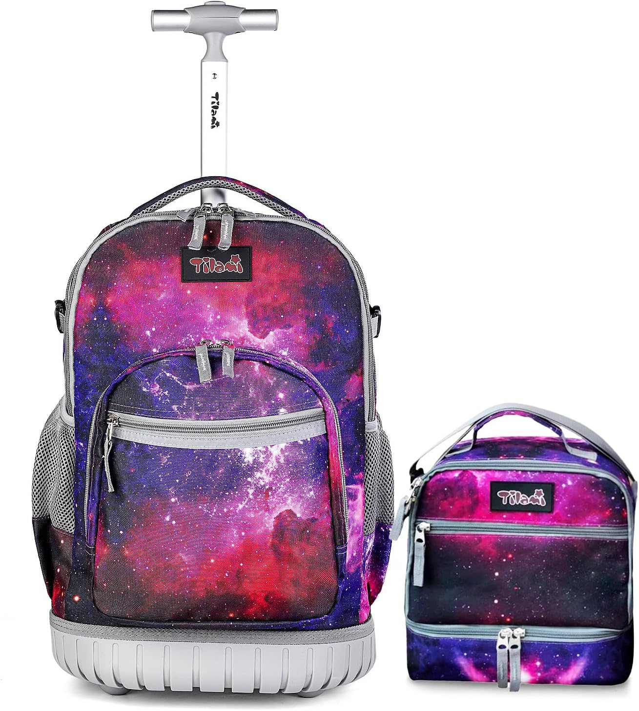 Tilami Rolling Backpack 19 inch with Lunch Bag Wheeled Laptop Backpack, Deep Red Galaxy