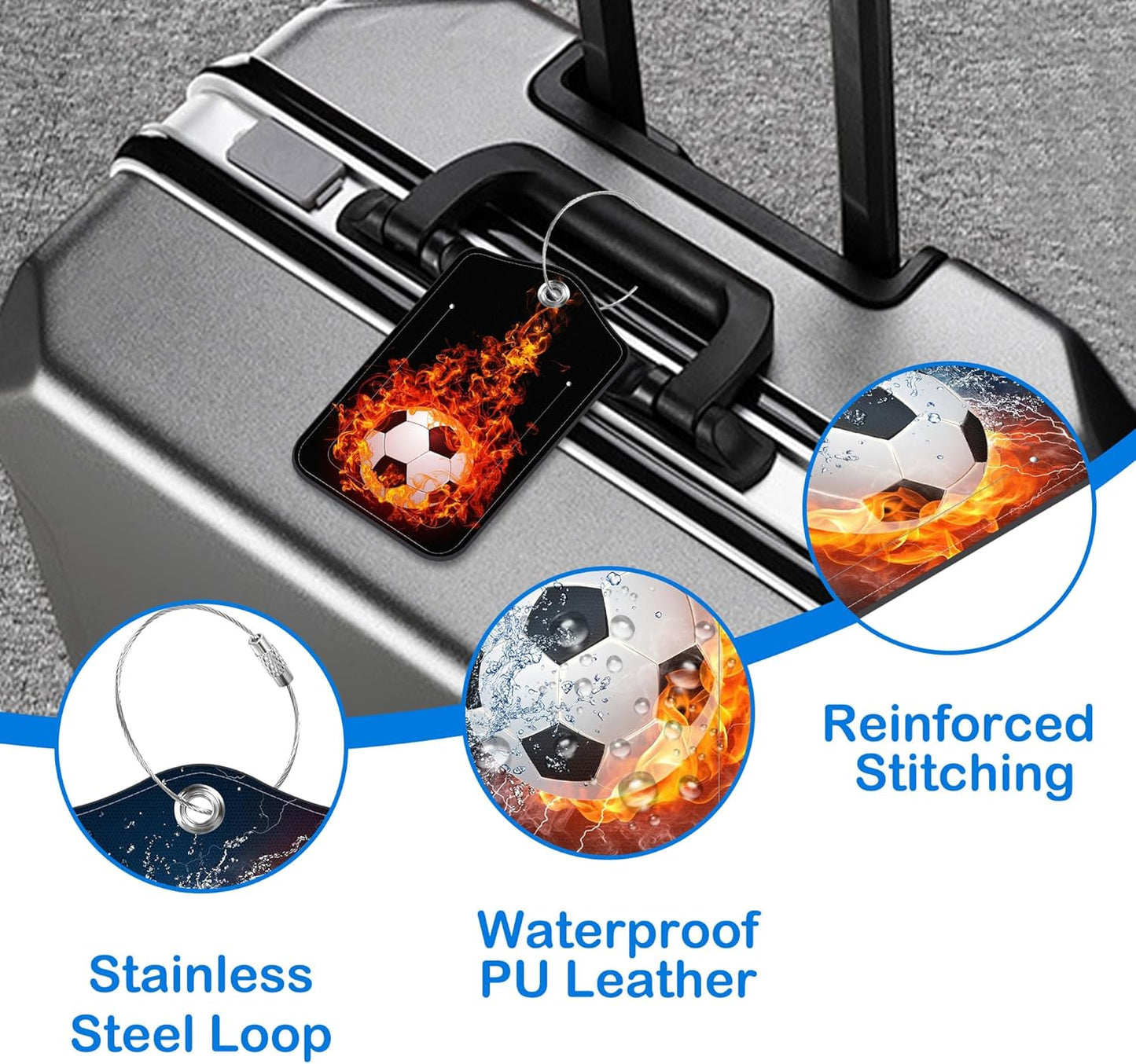 Soccer Ball in Fire and Water Luggage Tags for Suitcases Leather Travel Tags for Luggage ID Label with Privacy Cover and Stainless Steel Loop for Men Women Suitcase Backpack, Set of 2