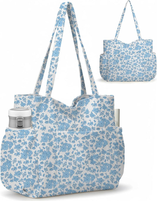 Corduroy Tote Bag for Women,Large Capacity Cute Tote Bags With 6 Pockets,Crossbody Shoulder Handbag for Work Travel Gym