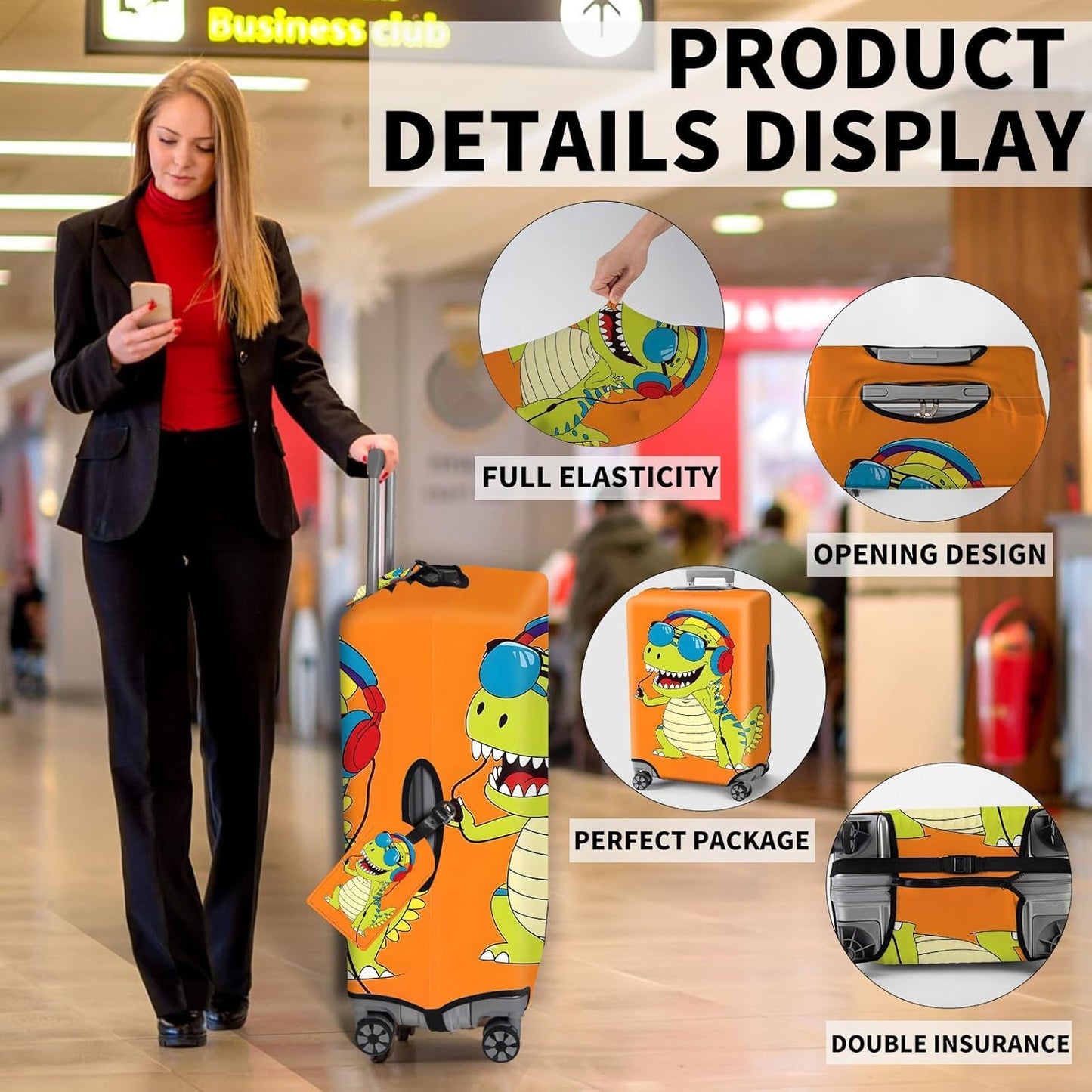 Travel Luggage Cover, Dinosaur Theme Suitcase Cover Accessory Kit, Luggage Tag, Handle Wrap, Washable Suitcase Protector (25-28 inch, Green)