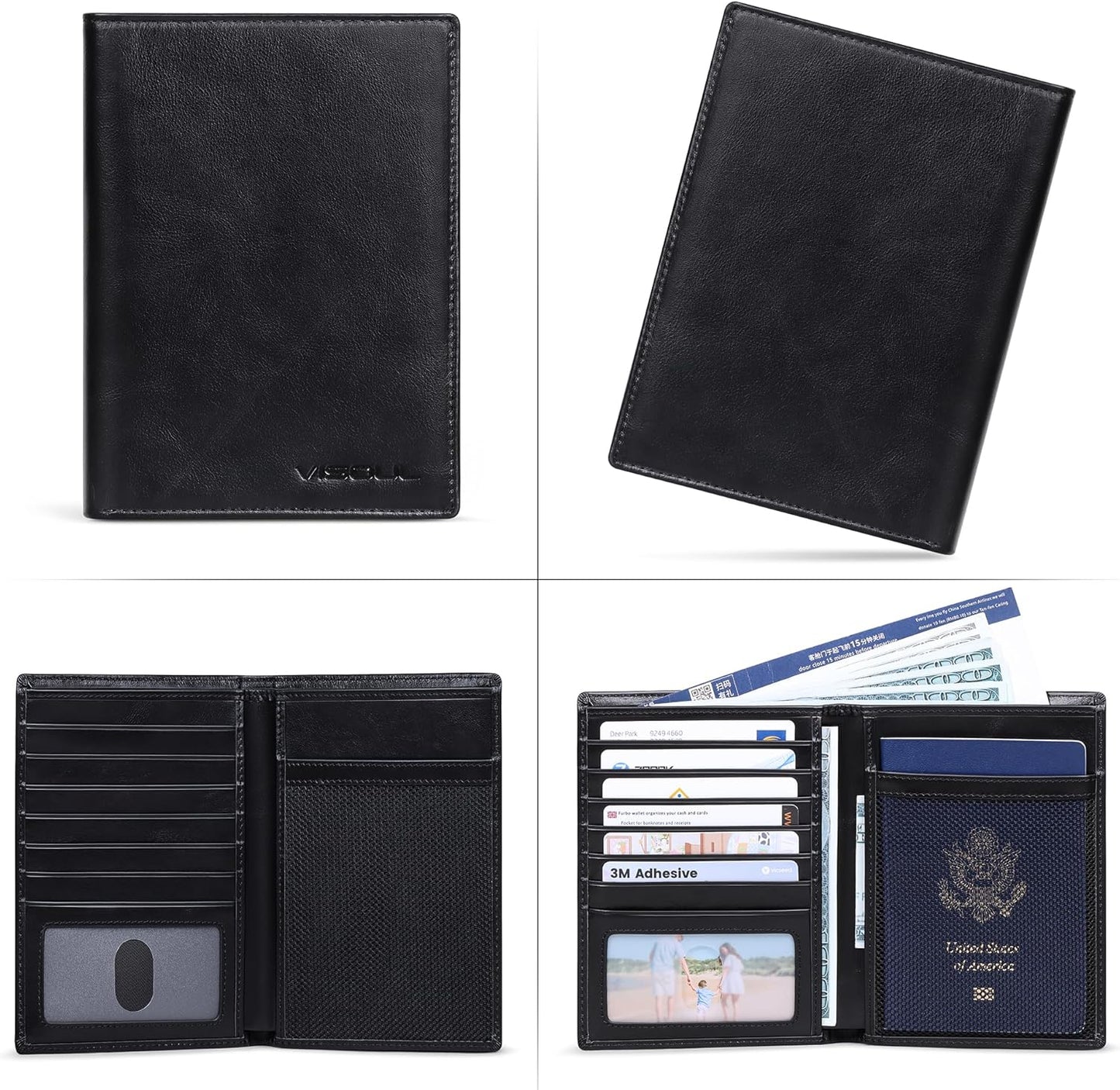 VISOUL Leather Travel Wallet with Passport Holder, Passport Cover Wallet with RFID Blocking for Men and Women-Black