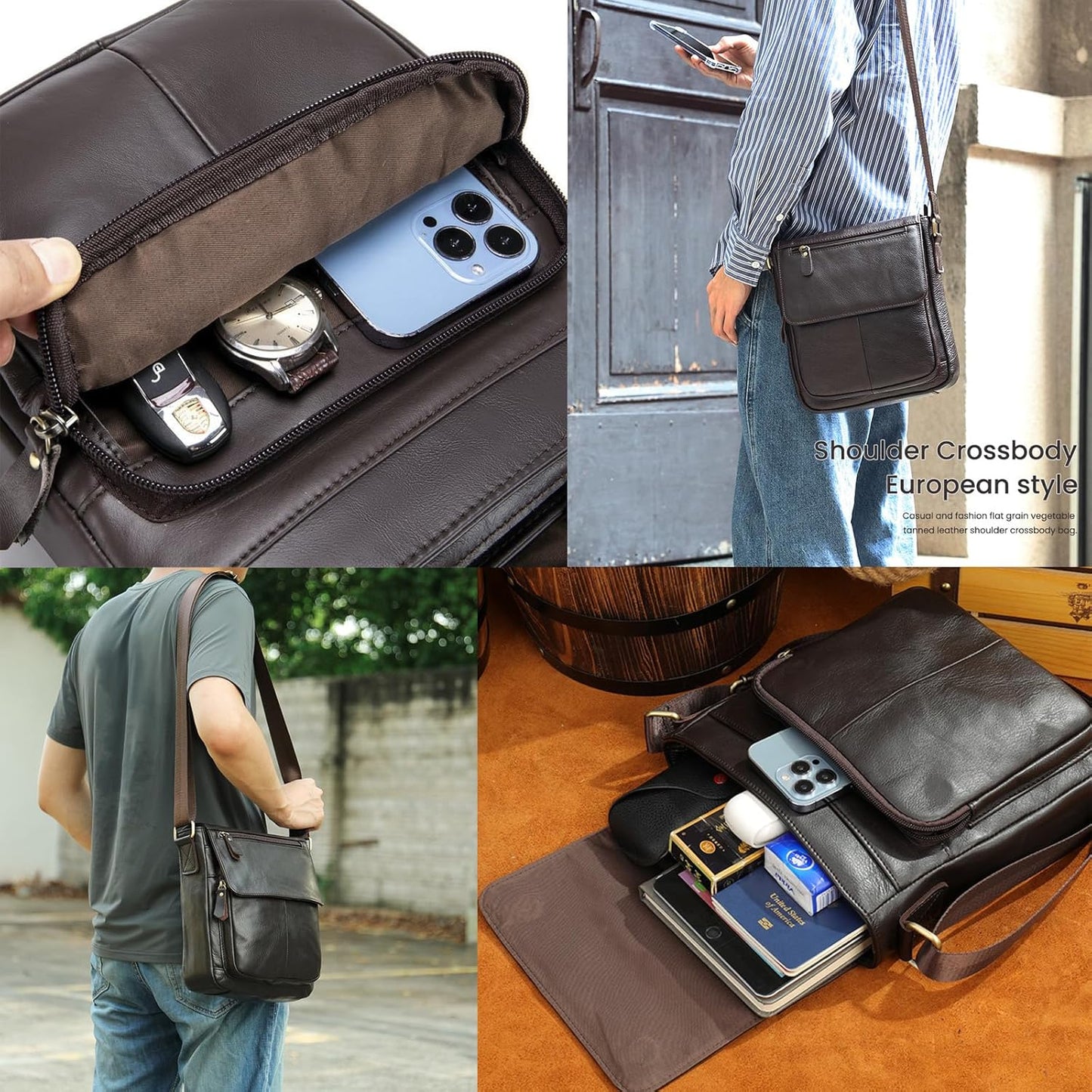 Genuine Leather Messenger Crossbody Shoulder Bag for Men, Man Purse Satchel Travel Handbag Work Business