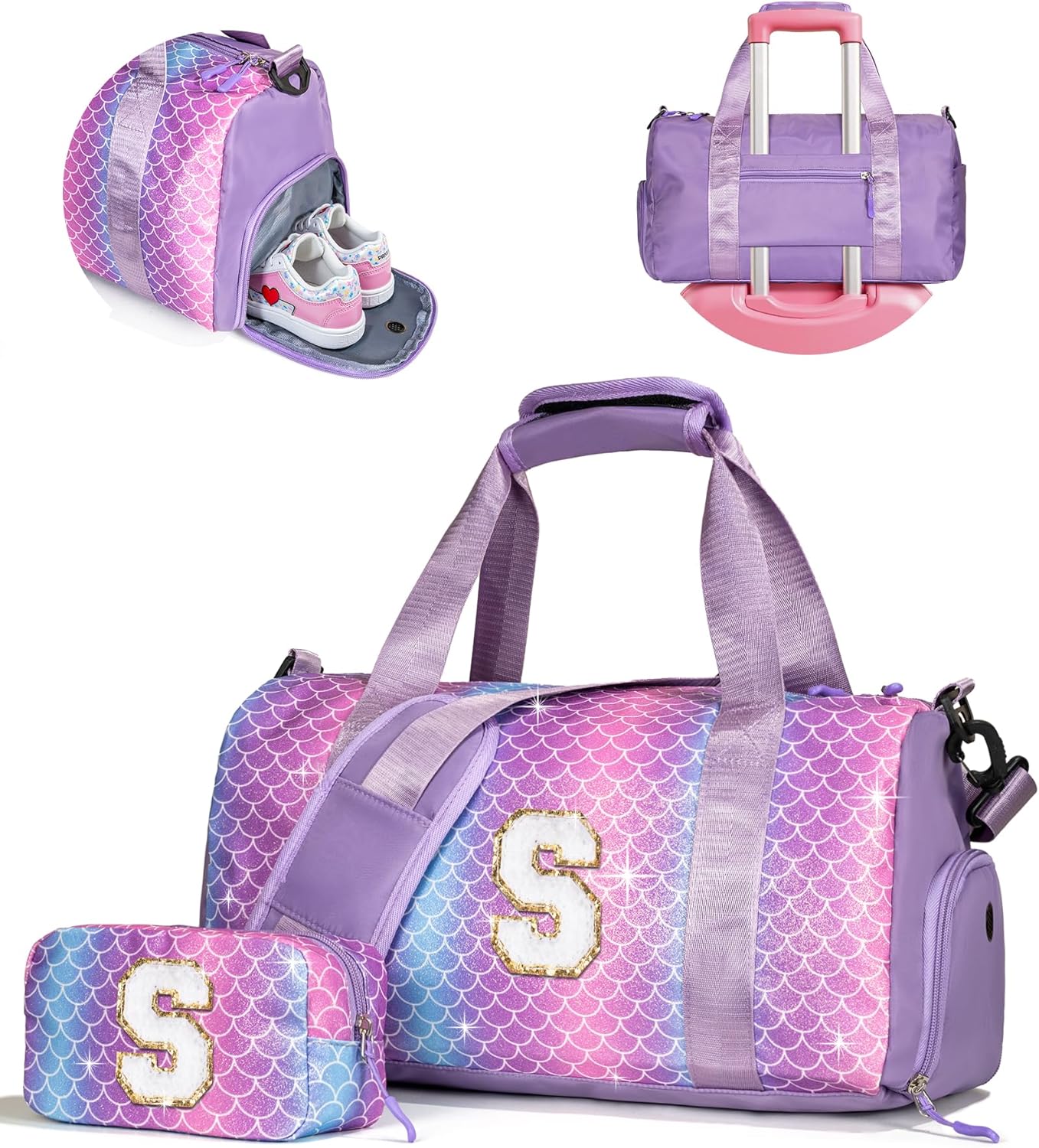 Travel Stuff for Kids-Girl Gym Bag with Shoe Compartment, Kid Weekender Dance Bags, Initial Travel