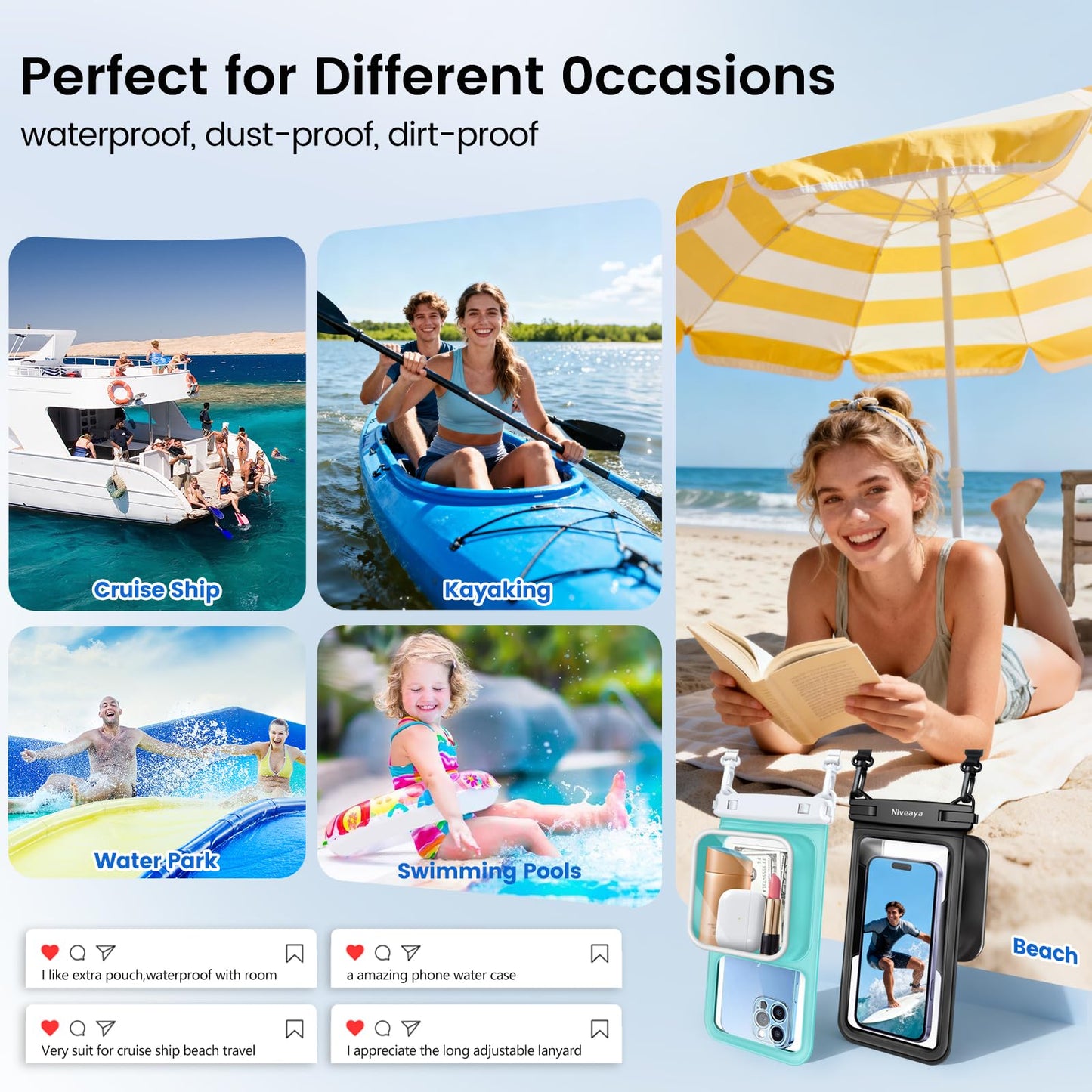 Niveaya 2 Pack IPX8 Waterproof Phone Pouch, Large Space Cell Phone Pouch Floating, Water Proof