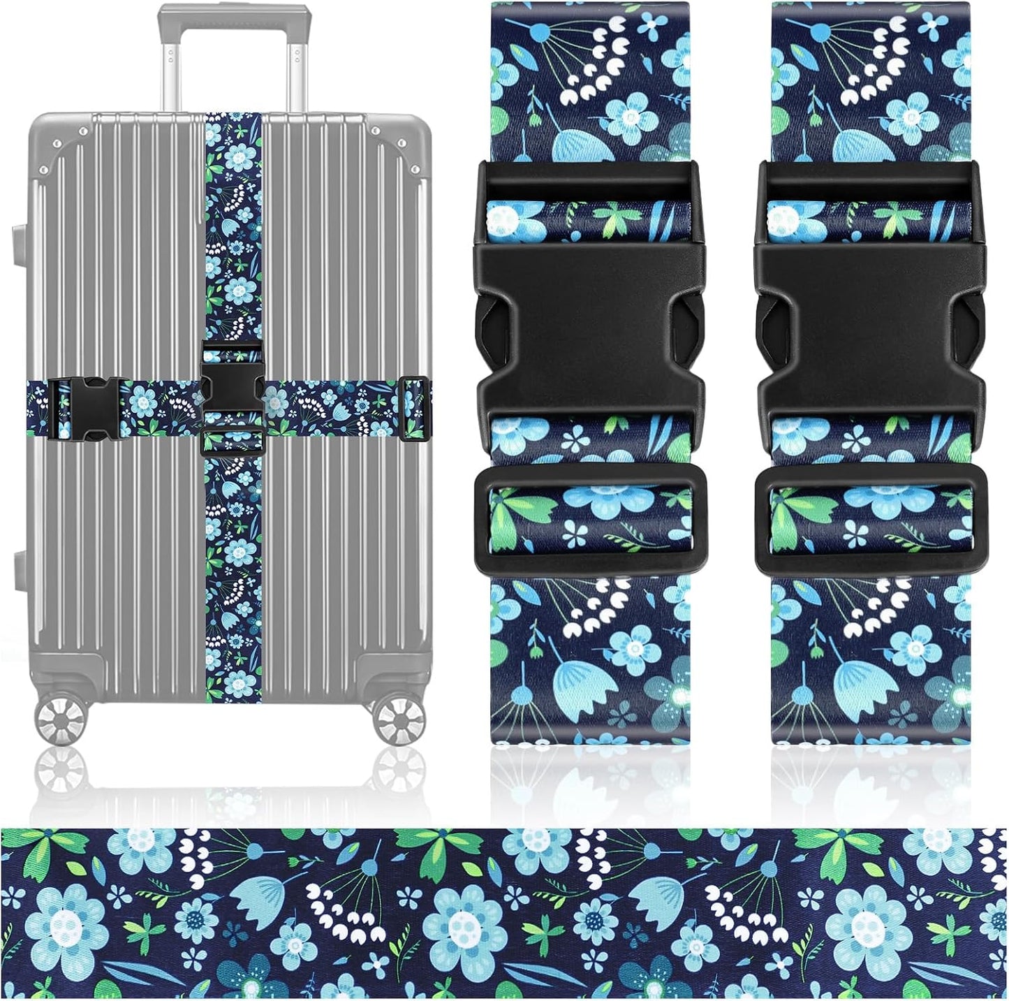 BILIONE Vibrant Flowers-Pattern Luggage Straps for Suitcases, Travel Belt Accessories Luggage Identifiers Adjustable Nylon Suitcase Belts for Travel 2 Pack (Blue Flowers)