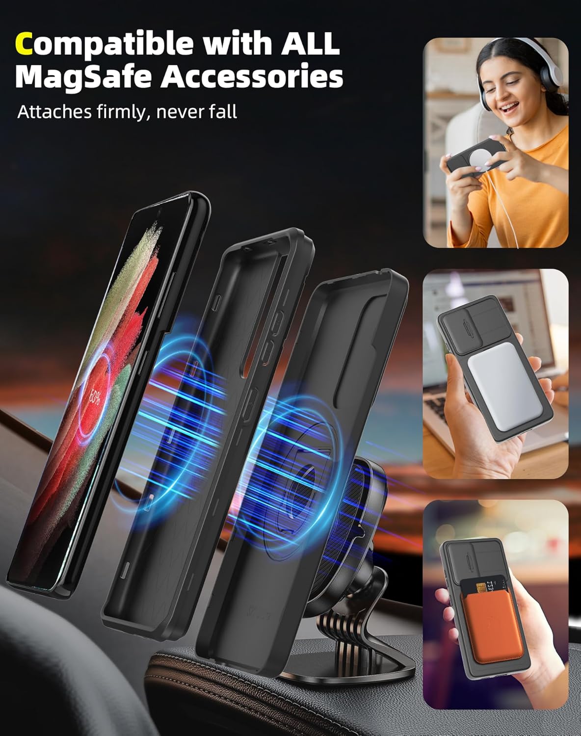 for Samsung Galaxy S21 Ultra Case Magnetic Compatible with MagSafe Wireless Charging,with Screen Protector,Built-in Stand Ring+Camera Cover Anti-Scratch Shockproof Heavy Duty Protection Black