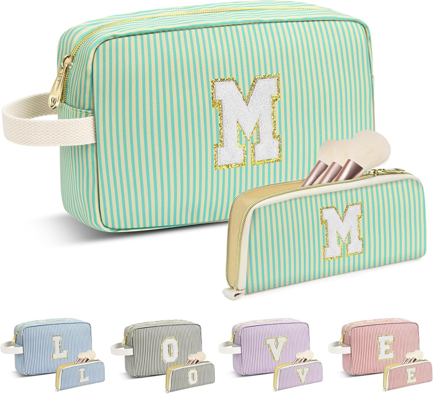 Travel Makeup Bag Christmas Gifts for Women Girl Teens, Personalized Initial Makeup Bag for Cute Teen Girls, Preppy Stuff Toiletry Bag Cosmetic Bag, Teen Girls Gift Trendy Stuff, Letter M