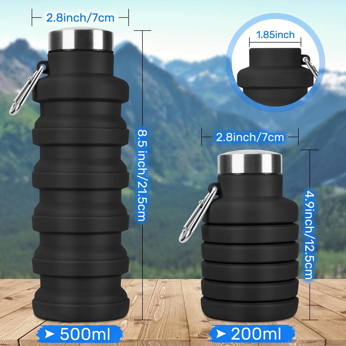 Rotayi Collapsible Water Bottle, 16oz Portable Reusable Silicone Water Bottle with Carabiner for