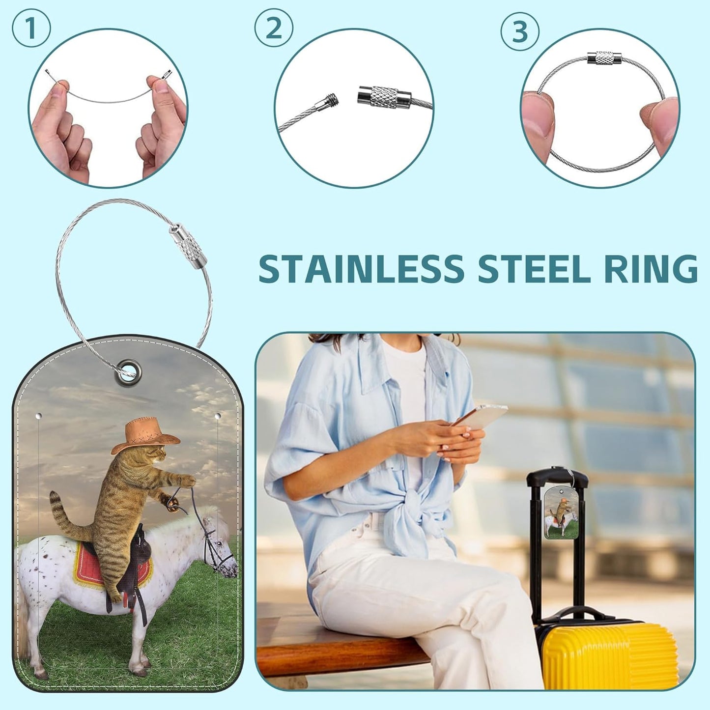 2 Pack Cute Luggage Tag for Suitcases Cat Cowboy Leather Luggage Tags with Stainless Steel Loop Privacy Flap Name Tags,Men and Women Travel Bag Suitcase Tags