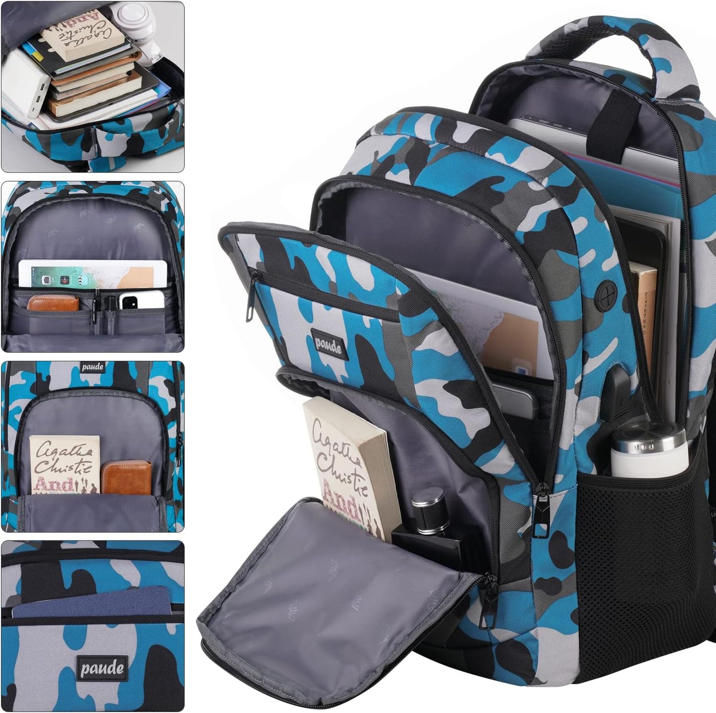 Backpack for Men,College Backpack School Bookbag for Teens,Laptop Bookbag with USB Port and Headphone Hole,Camouflage Blue