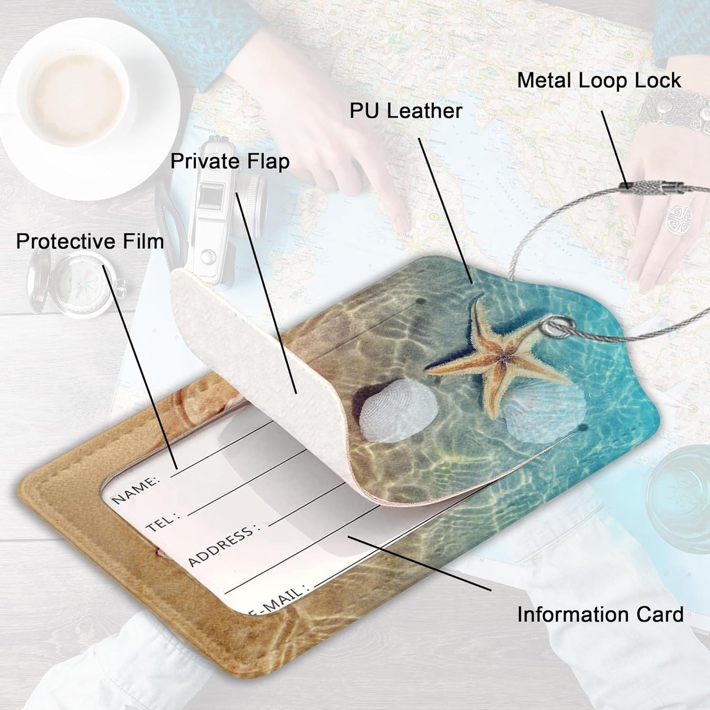 Summer Beach Luggage Tag for Suitcase,Starfish Seashell Travel Luggage Cover with Privacy Cover ID Label & Stainless Steel Loop for Men Women