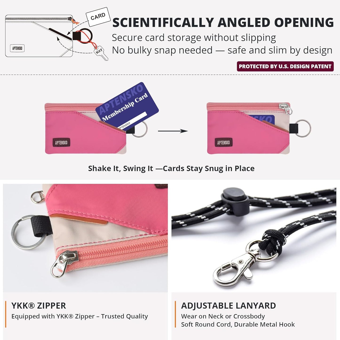 RFID Travel Wallet with Adjustable Lanyard-Zipper Small Wallet with ID Card Holder, Keychain for women&men-Minimalist Slim Waterproof Nylon case for ID, Cash, Key (Pink+Almond)