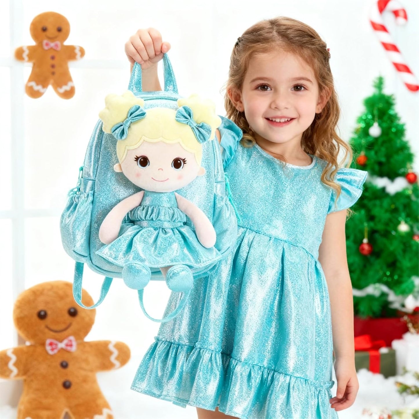 Lazada Toddler Backpack - Baby Girl Gifts Curly Fingerprints Plush Doll Dress Backpack - Fashion Girls Curly Rolled Fingerprints Series - Lake Blue 11 Inches