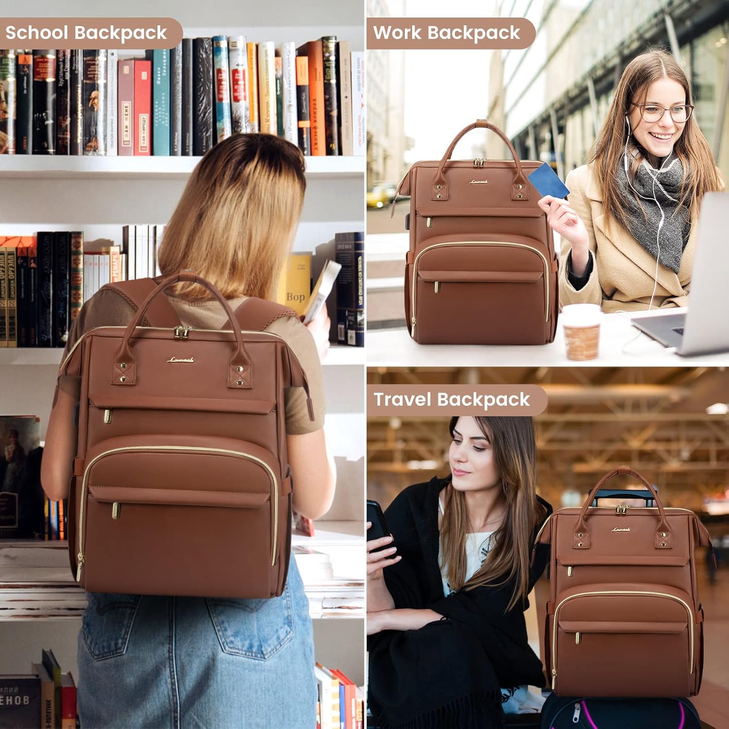 LOVEVOOK Leather Laptop Backpack for Women 15.6 inch,Travel Purse Nurse Teacher Carry On Backpack
