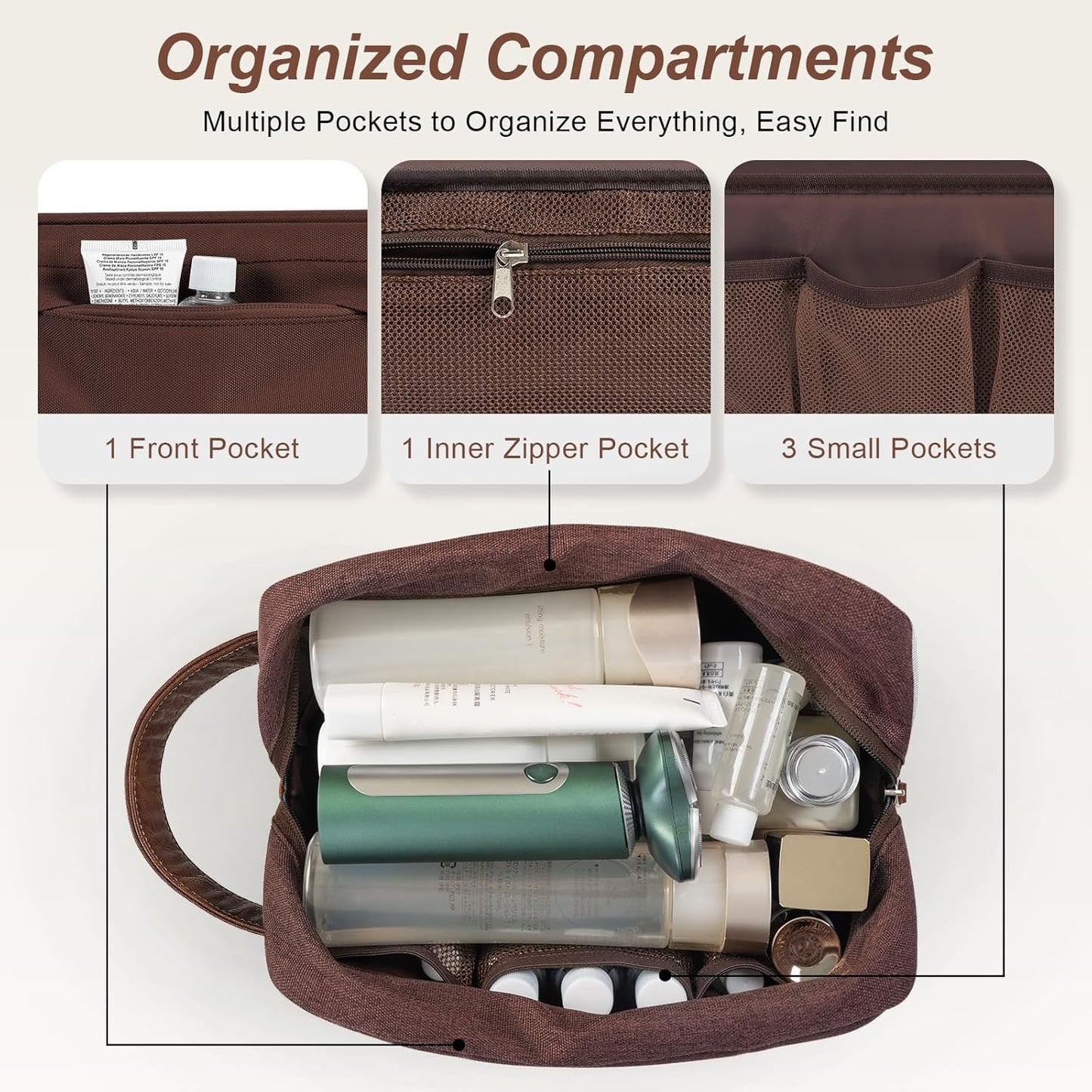Travel Toiletry Bag for Men and Women, Hanging Toiletry Organizer, Water Resistant Shaving Kit with Large Capacity for Travel Accessories (Coffee, Medium)