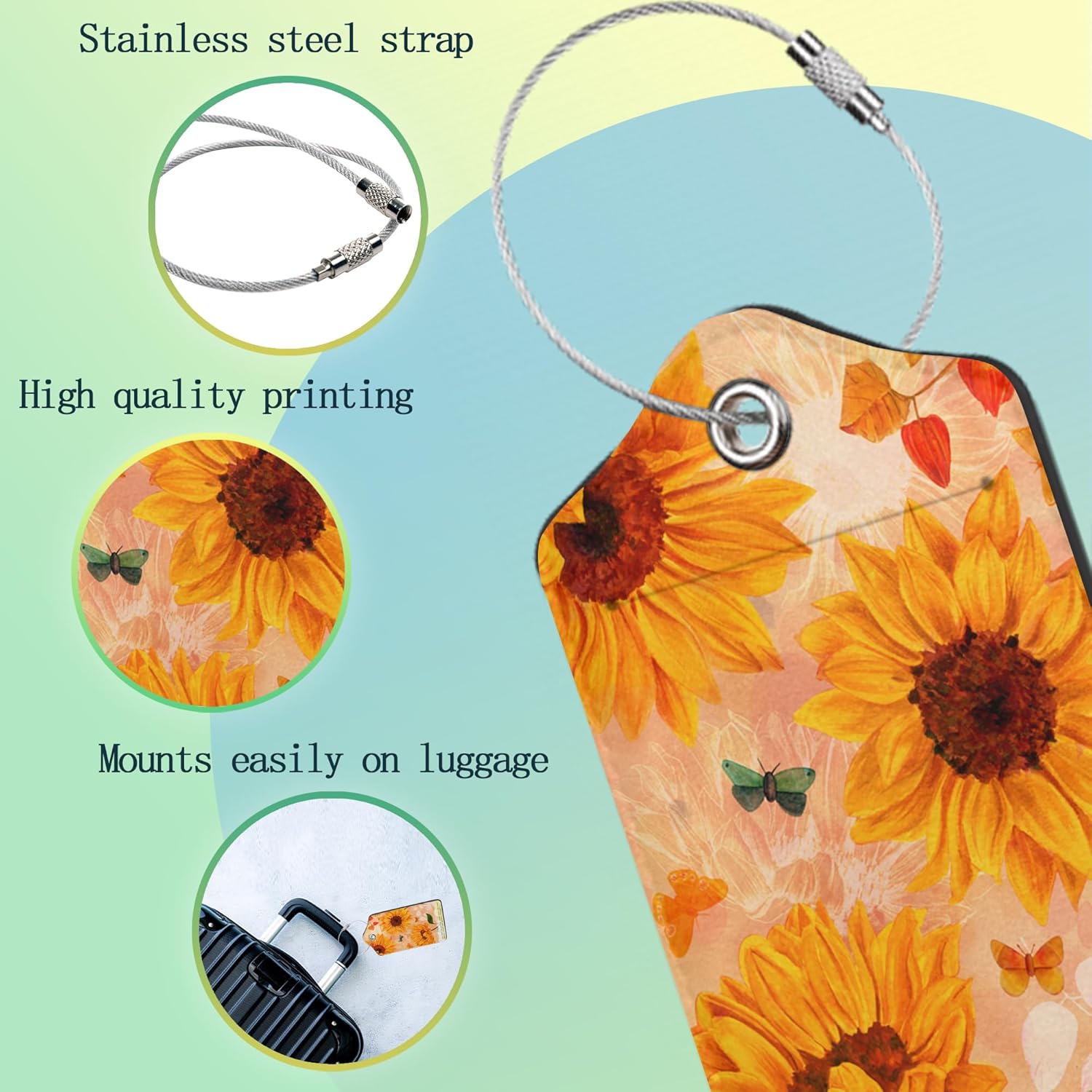 Sunflowers Luggage Tags Set of 2 Butterfly Retro Leather Suitcase Tags with Stainless Steel Loop