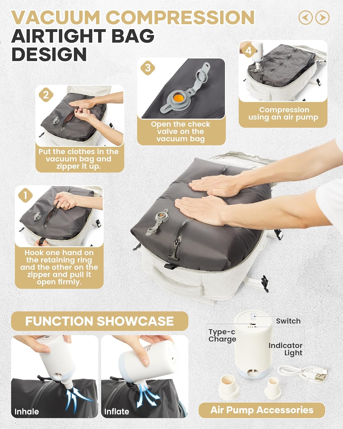 Travel Vacuum Storage Backpack with Air Pump Vacuum Seal Compression Space Saver Bags Clothing Vacpack 18x14x8 inches Travel Bag Carry on Personal item Laptop Work Backpacks Women Men Beige
