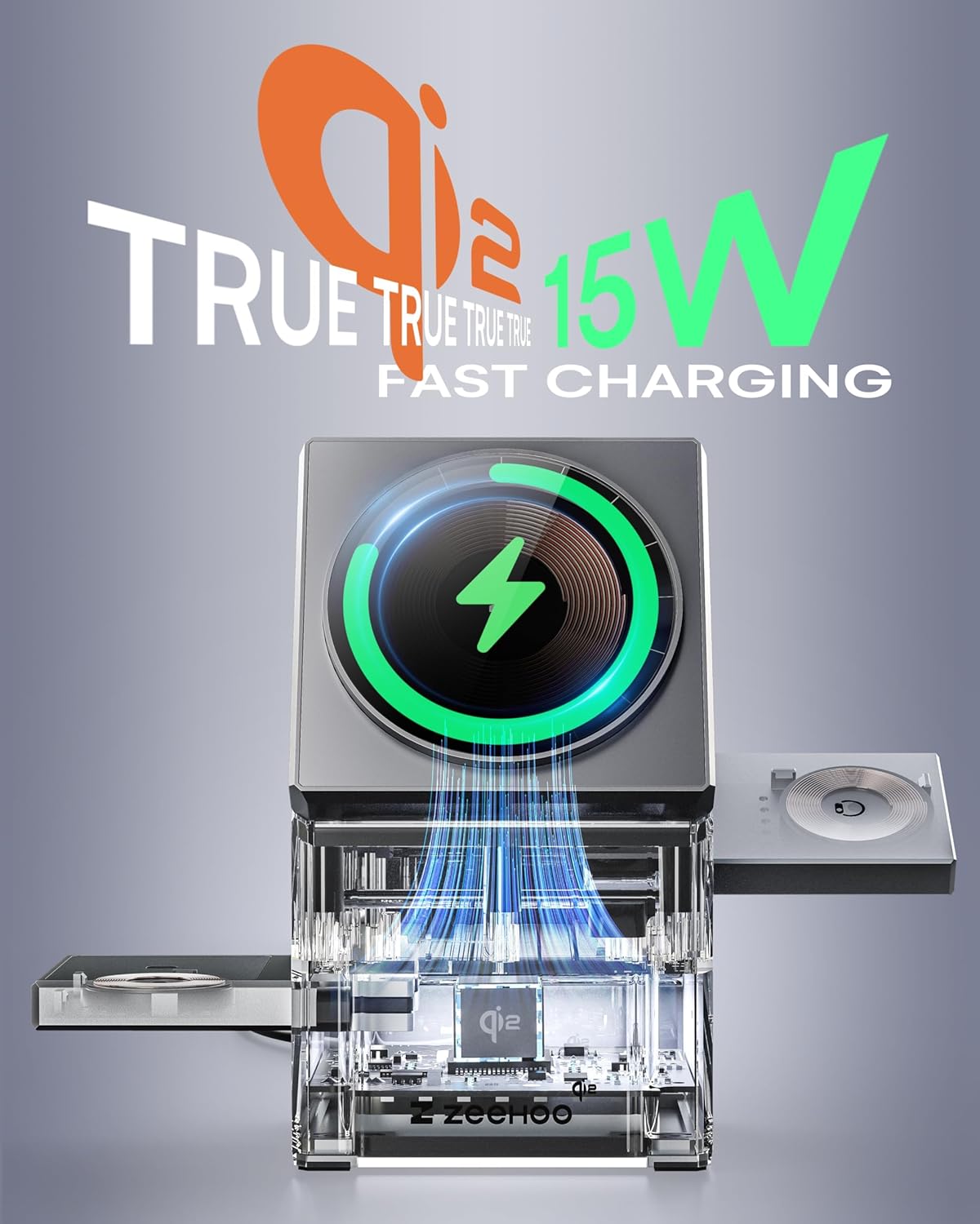 ZEEHOO 3 in 1 Charging Station for Apple, iPhone Mag-Safe Charger, Qi2 Certified, Rotating Wireless Charger Stand for iPhone 17 16,15,14,13,12 Series, Apple Watch, AirPods (USB-C Charger Included)