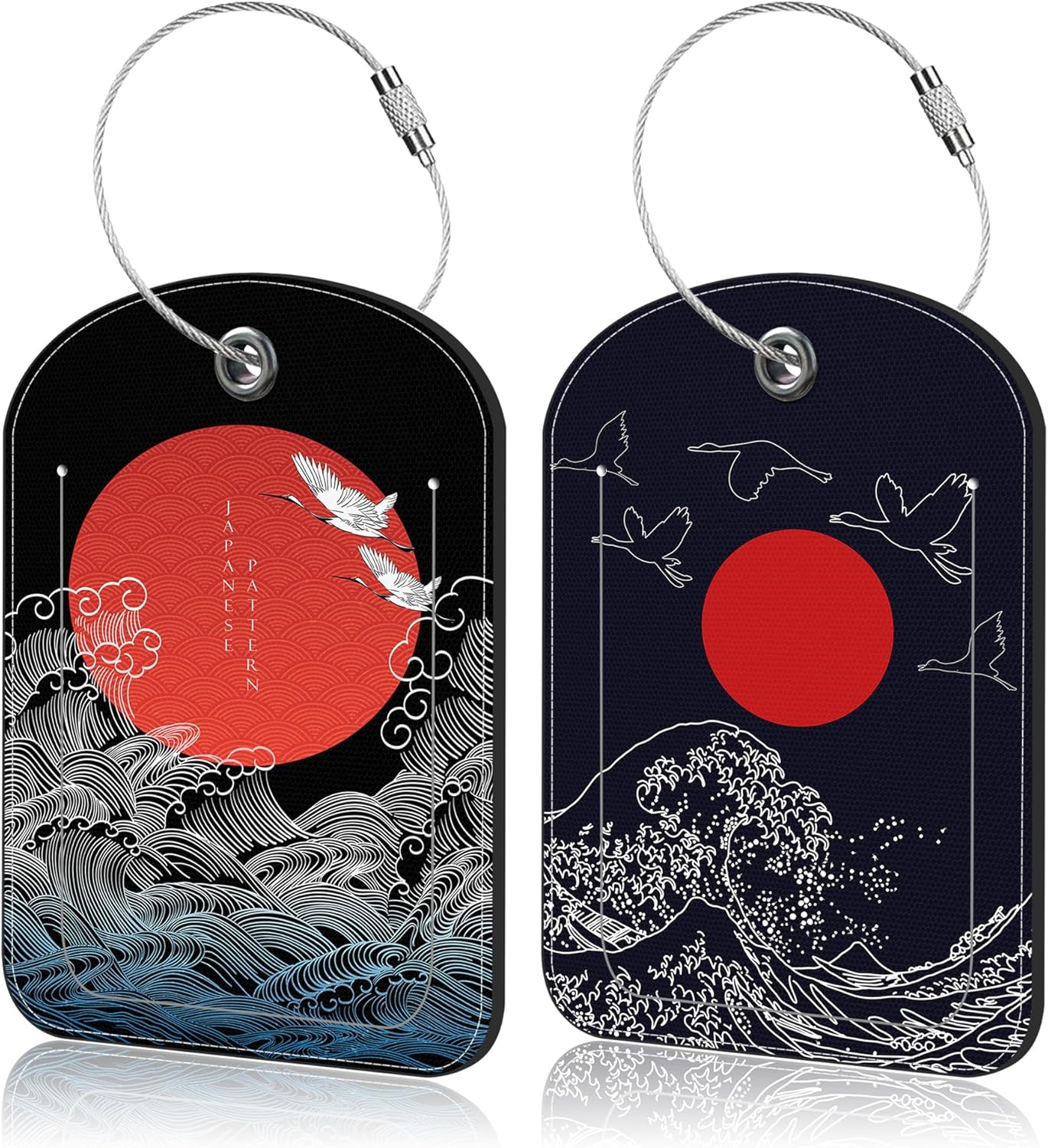 Japanese Storks and Wave Leather Luggage Tag for Suitcase 2 Pack Luggage Tag with Privacy Name ID Label and Stainless Steel Loop for Travel Bag Suitcase