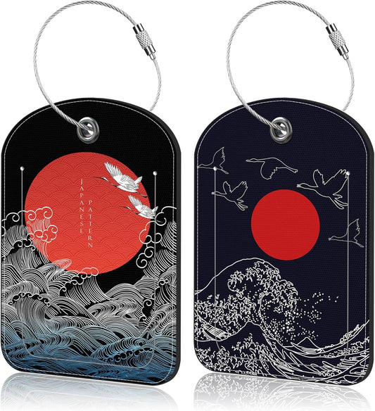 Japanese Storks and Wave Leather Luggage Tag for Suitcase 2 Pack Luggage Tag with Privacy Name ID Label and Stainless Steel Loop for Travel Bag Suitcase
