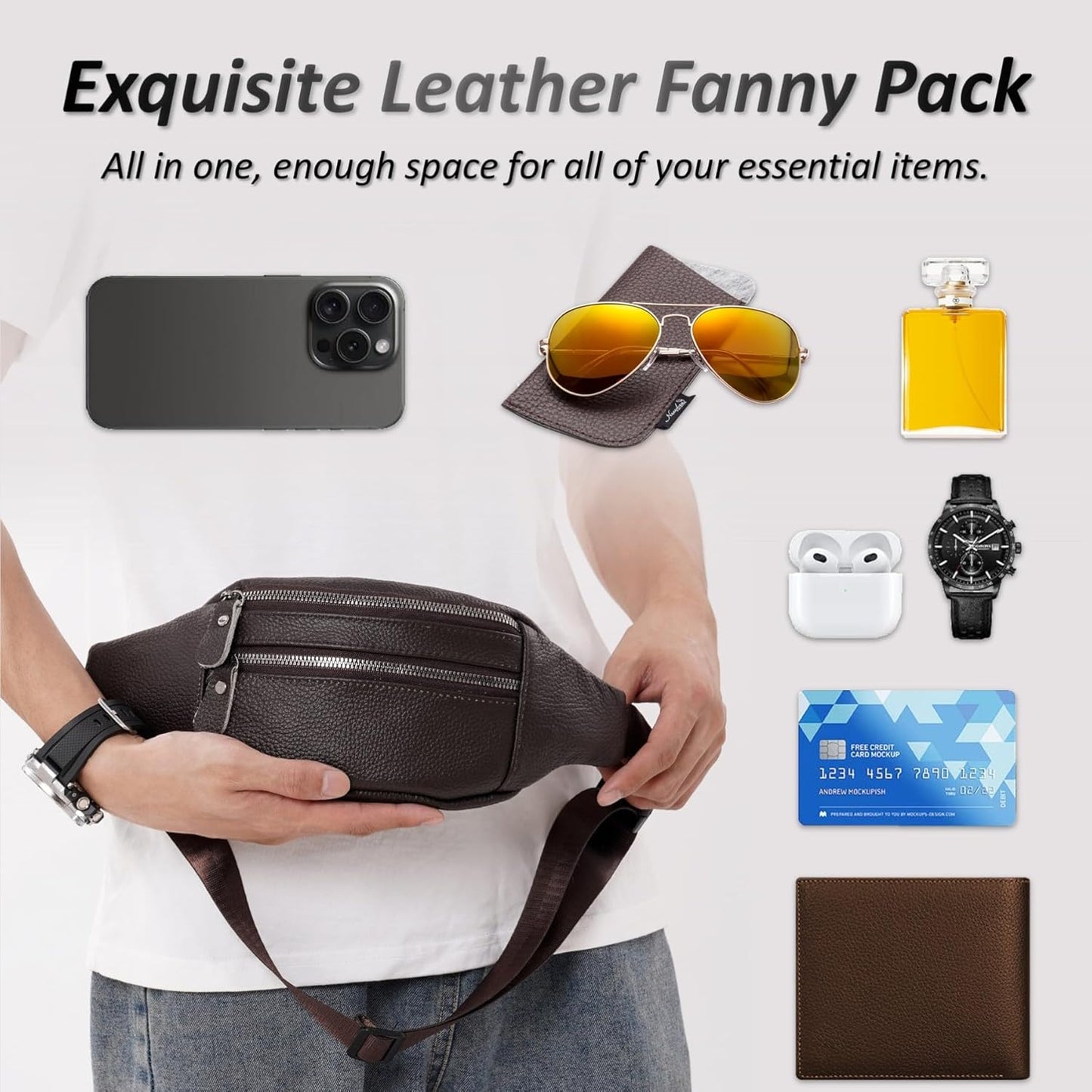 Genuine Leather Waist Bag, Outdoor Travel Waist Pack, Cowhide Leather Fanny Pack with Adjustable Strap, Suitable for Travelling, Outdoor Hiking, Cycling, Running - Brown & Small