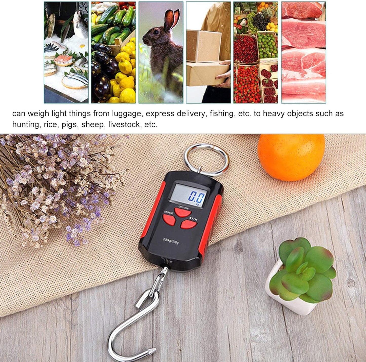 Digital Fish Scale, 200kg Digital Hanging Scale with Hook Backlit LCD Display Travel Accessories for Portable Hanging Baggage (Red)