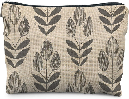 Vintage Boho Beige Floral Makeup Bag, Modern Farmhouse Green Tulip Flower Cosmetic Bags for Women, Contemporary Leaf Botanical Zipper Makeup Pouch