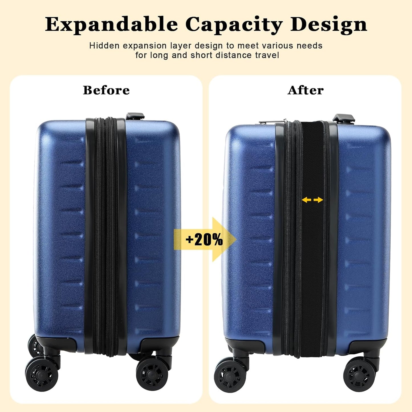 16 Inch Carry On Luggage Airline Approved, Expandable Lightweight ABS+PC Hard Shell Suitcases with